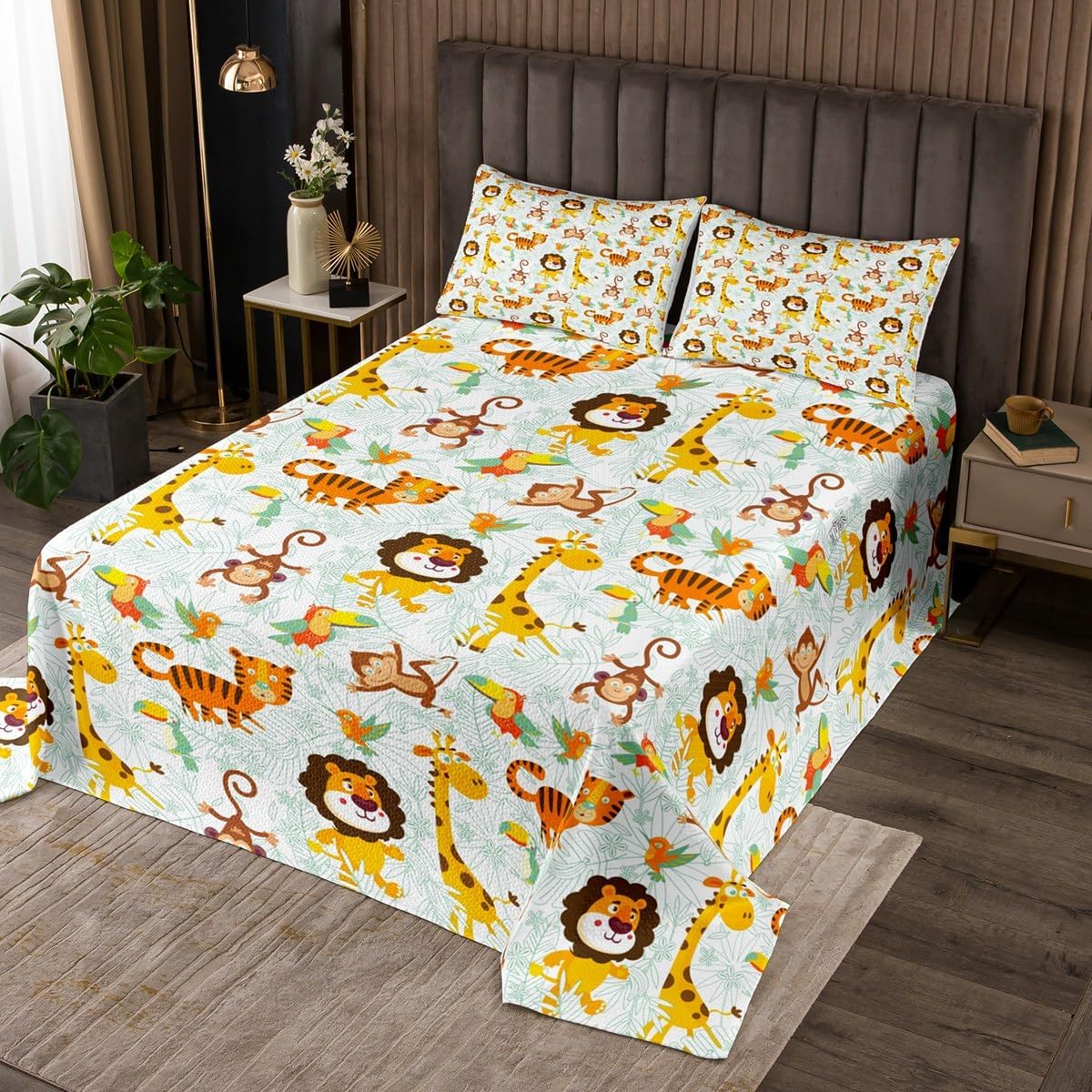Cartoon Animals Bedspread Twin Size for Kids Boys Girls,Cute Tiger Lion Monkey Giraffe Bedding Set,Tropical Palm Leaf Parrot Comforter Set,Teens Green Yellow Print Quilt Coverlet,1 Pillowcase