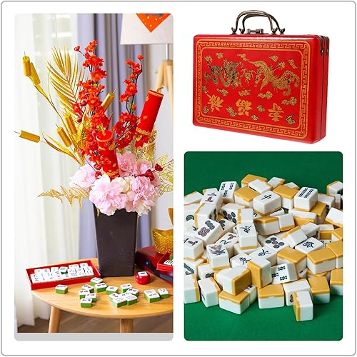 Miniatura 6 de VICASKY Mahjong Box - Organizador chino de mahjong rectangular vacía con azulejos Mahjong de madera, caja de almacenamiento tradicional para juegos