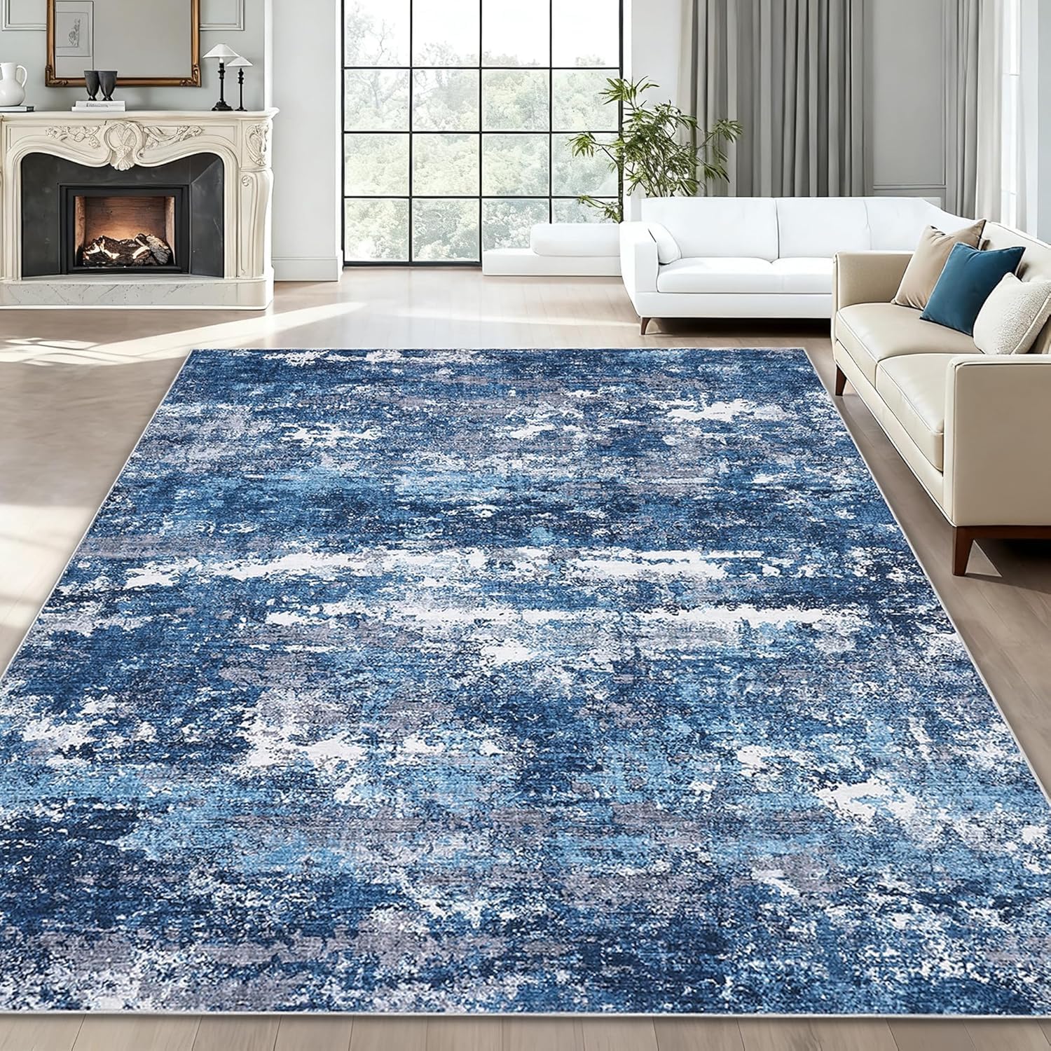 Tapis antidérapant grand salon moderne abstrait bleu blanc