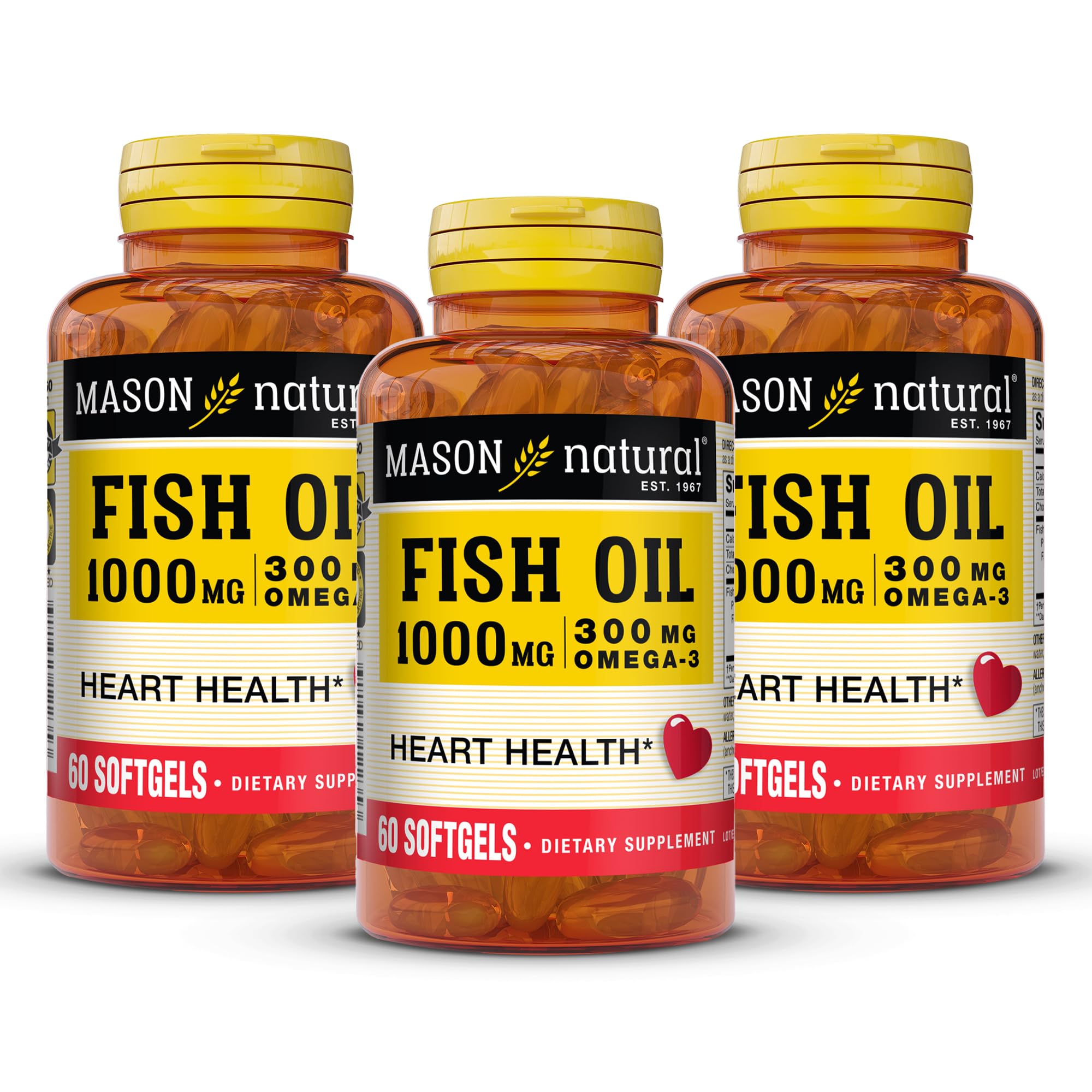MASON NATURAL Omega,3 Fish Oil, 180,Day Supply, 1000mg with EPA and DHA for Joint Support, 60 Softgel Pills (3 Pack)