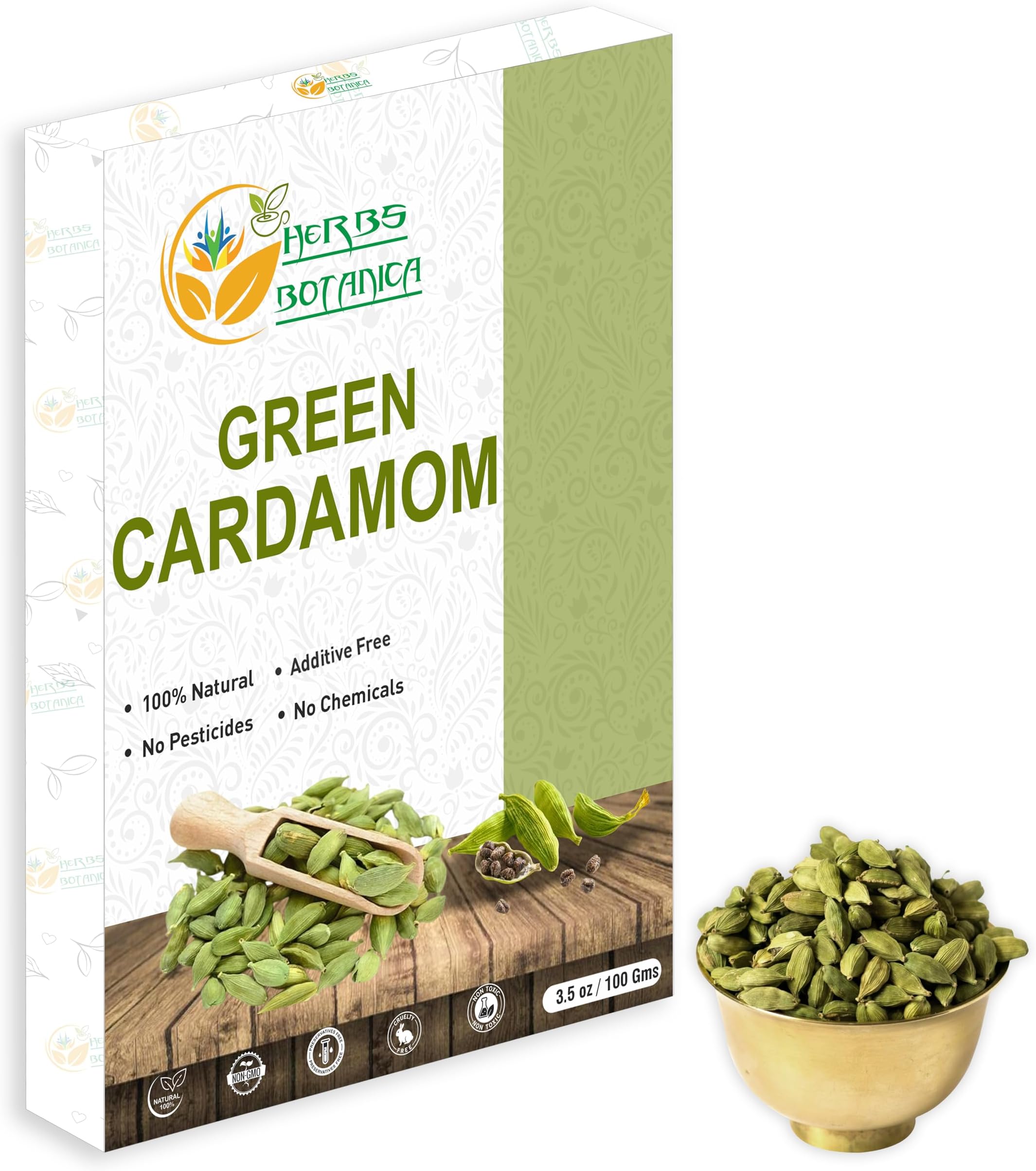 Herbs Botanica Green Cardamom Pods Whole 7-8mm size Elaichi for Culinary Delights and Aromatic Infusions Handpicked Fresh Fragnant and Flavorful Perfect for Cooking, Baking, and Brewing 100g / 3.5 oz