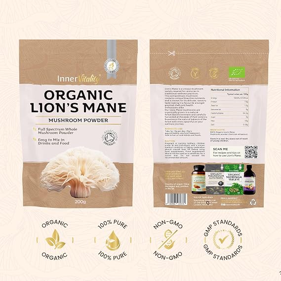 Organic Lions Mane Mushroom Powder 200g - High Strength Full Spectrum Fruiting Body Mushroom Supplement to Support Brain & Mental Performance by Inner Vitality (Large)