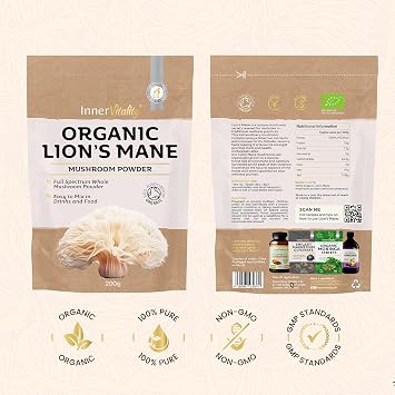 Organic Lions Mane Mushroom Powder 200g - High Strength Full Spectrum Fruiting Body Mushroom Supplement to Support Brain & Mental Performance by Inner Vitality (Large)