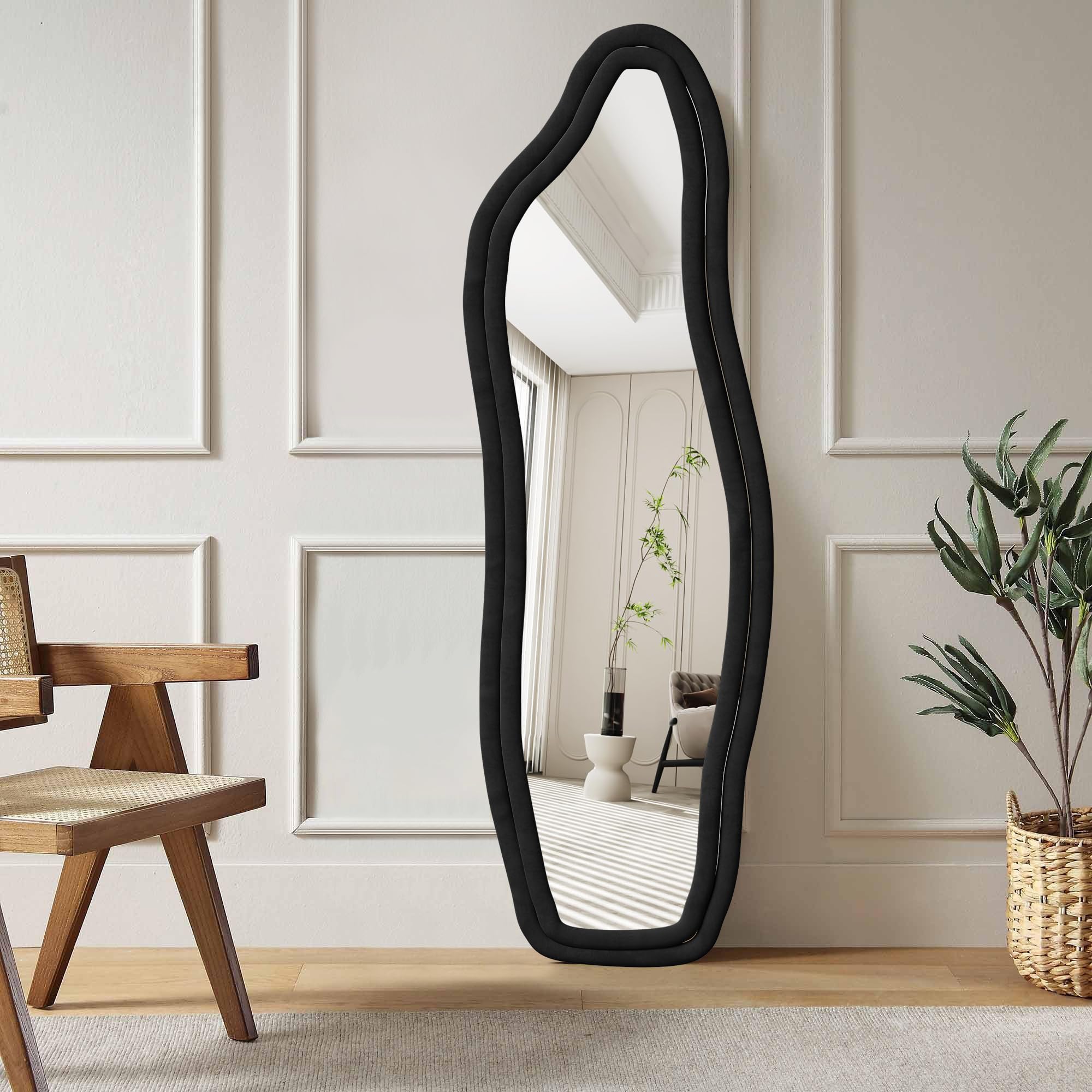 BRILVERDE Specchio a figura intera a forma di delfino, specchio da terra asimmetrico con cornice in velluto, specchio da vestizione per soggiorno, camera da letto, da appendere e da appoggiare (nero