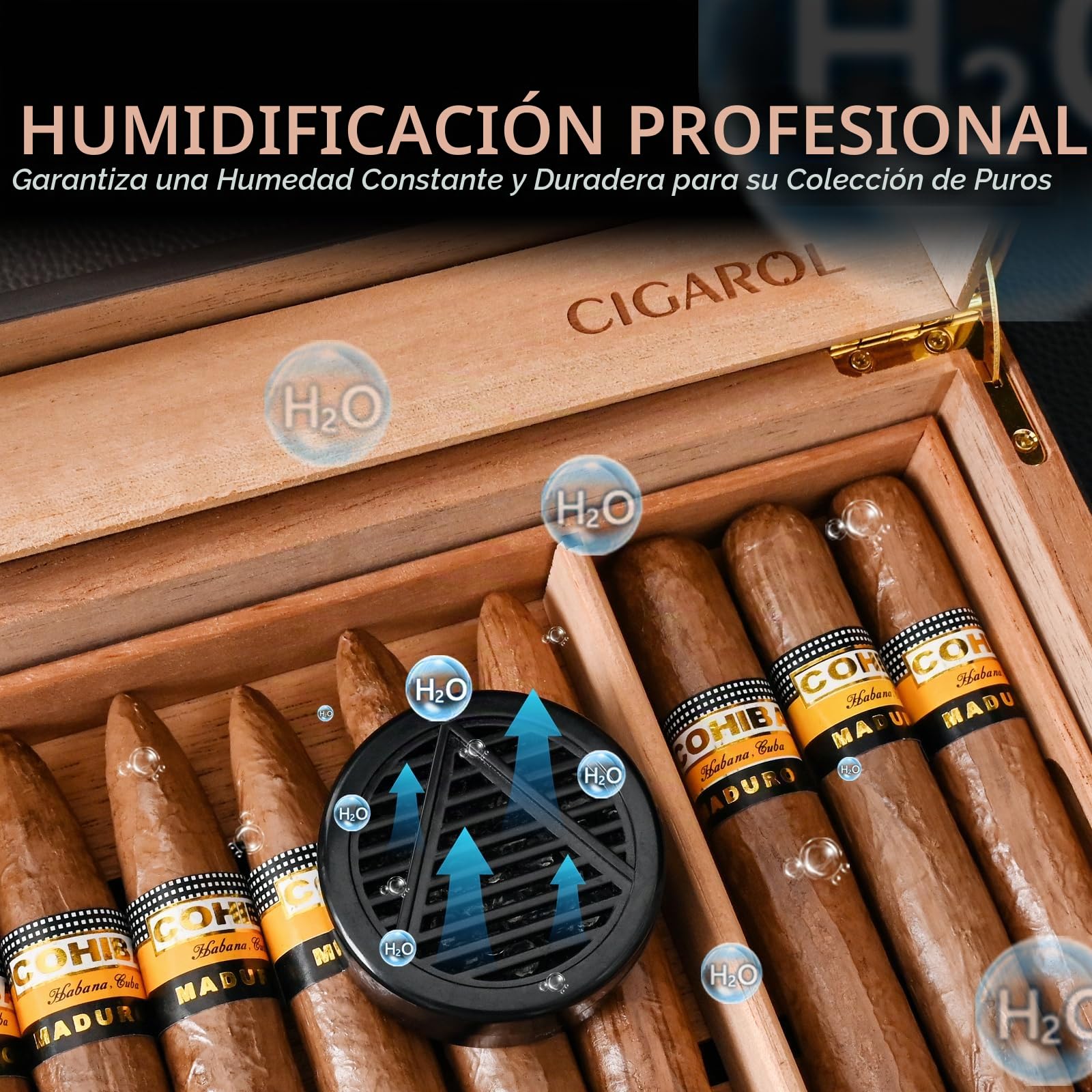 Humidor Puros, Caja Puros Hecho a Mano, Humidor con Mechero, Corta Puros y Humidificador para 25-50 Puros, Grandes Regalos para Hombres (Puros No Incluidos)