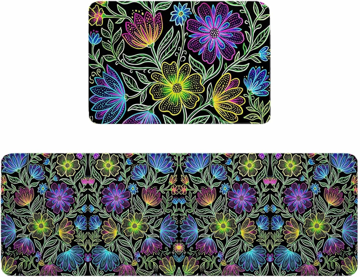 Abstract Flower Kitchen Rugs and Mats Set of 2, Non-Slip Kitchen Sink Mat, Geometric Colorful Floral Leaf Plant Washable Doormat Bathroom Rugs Runner for Bedroom/Living Room 19.7"x23.6"+19.7"x47.2"