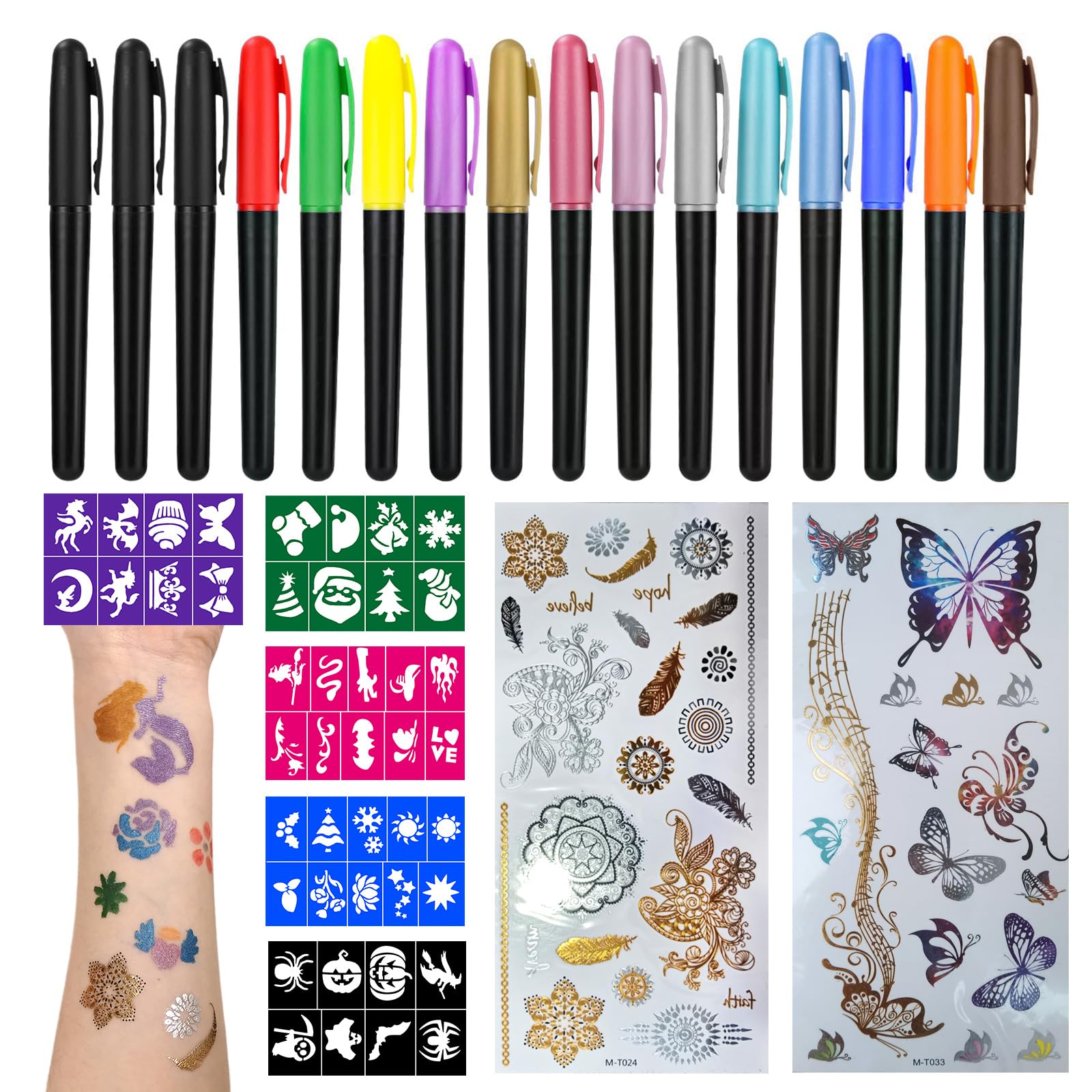 HKC Marcadores Tatuaje Rotuladores para la Piel,16 Bolígrafos de Tatuaje + 5 Plantillas + 2 Pegatinas de Tatuajes, Kit de Bolígrafos de Tatuajes con Purpurina y Mate para Adolescente, Niños, Niñas