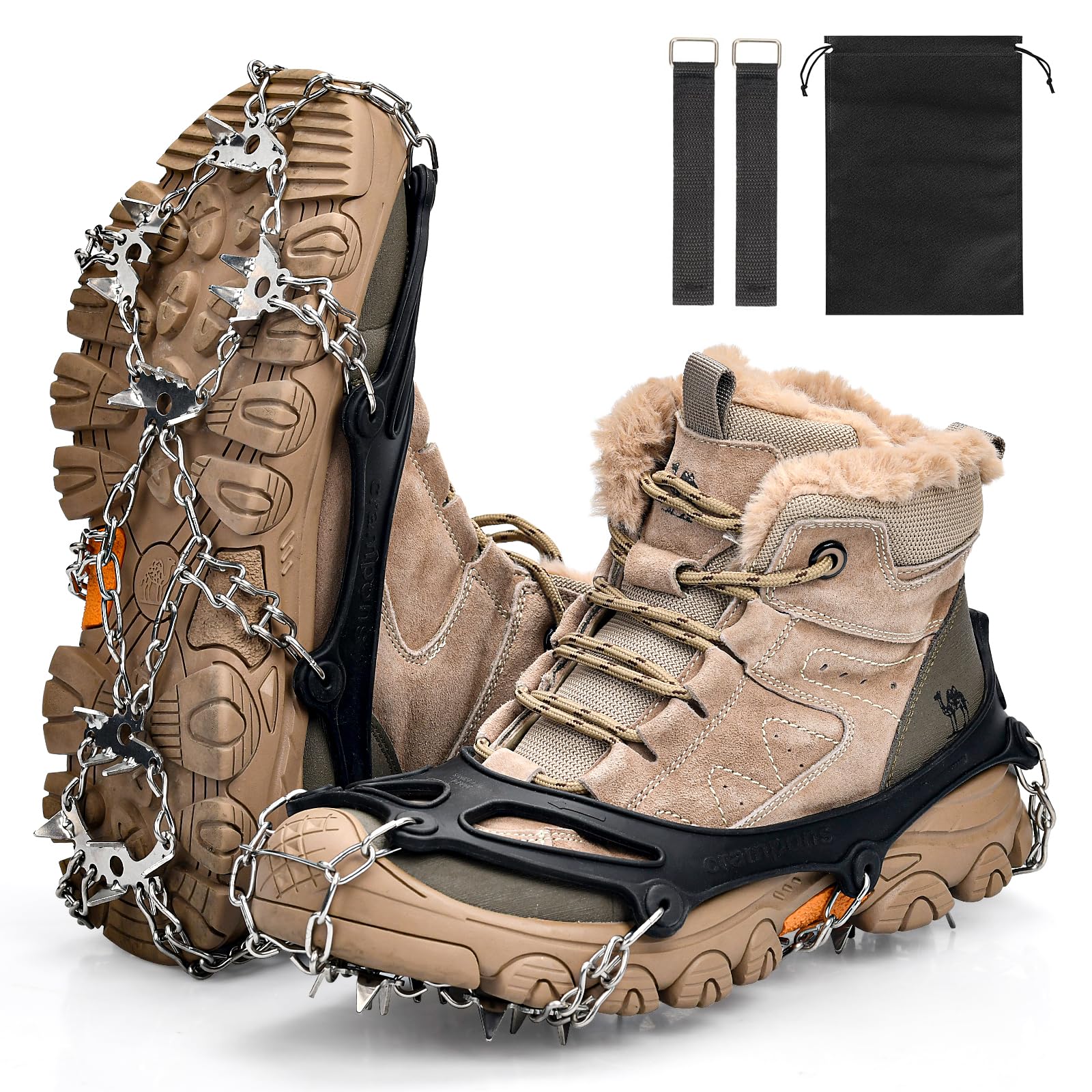 Steigeisen für Bergschuhe mit 24 Zähne, Spikes für Wanderschuhe,Verdickte Schuhkrallen aus Edelstahl,für Walking, Joggen, Klettern und Wandern (M)