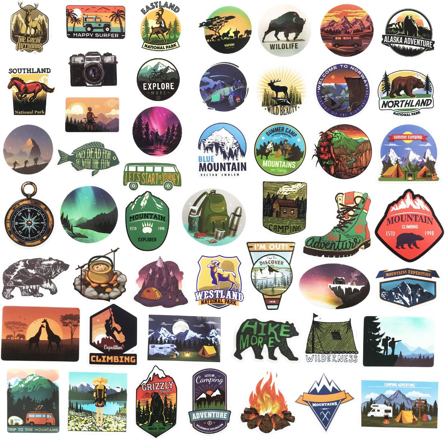 Wilderness Nature Stickers Outdoors Hiking Camping Travel Adventure Stickers Pack 50 Pcs Stickers Vinyl Decals for Water Bottle Hot Stamping Process Motorcycle Bicycle Skateboard Luggage Decal