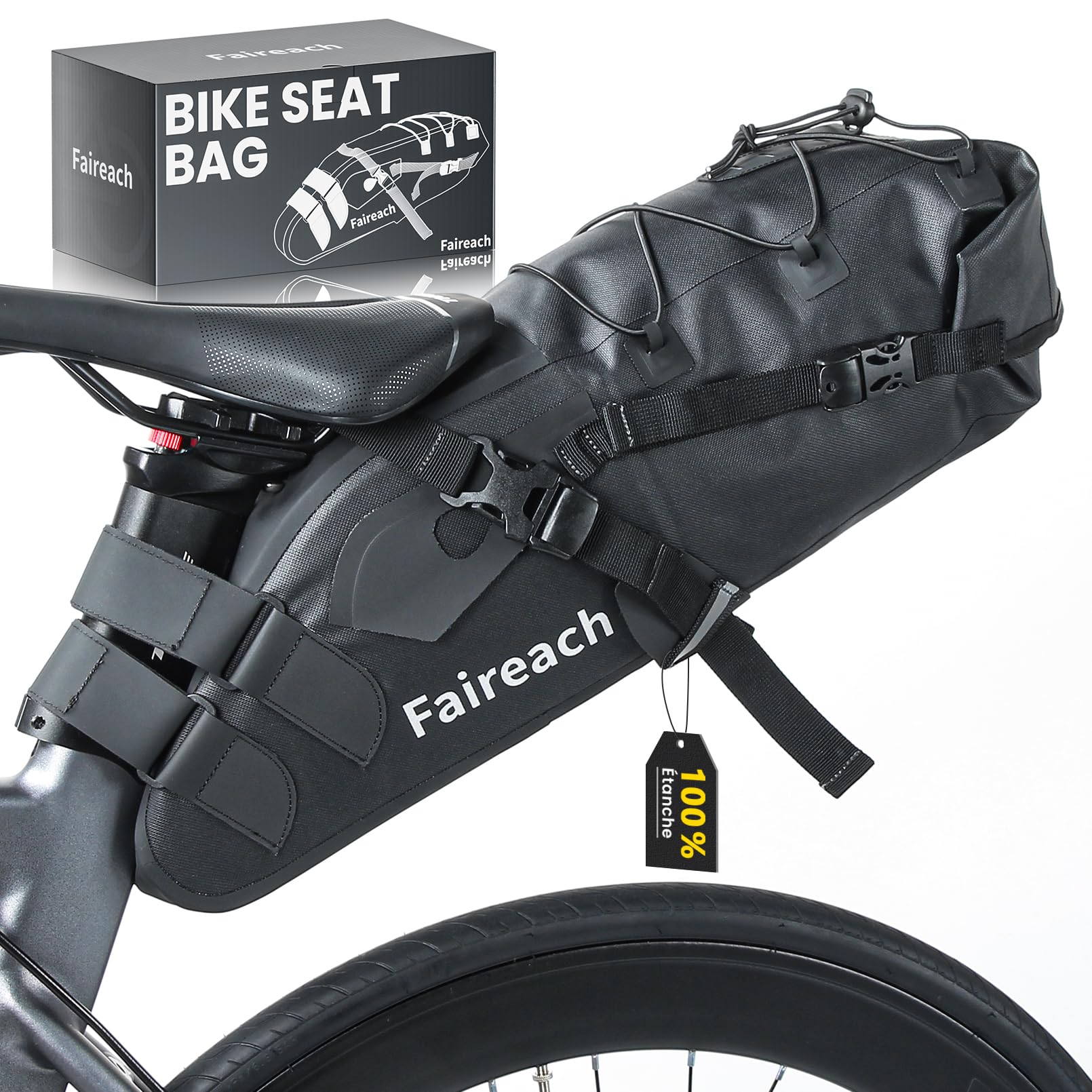 Sacoche de Selle Vélo Étanche 10L Grand Capacité, Sacoche Velo Arrière Universelle pour VTT Route avec Bande Réfléchissante, Support de Charge Lourd 5kg pour Cyclisme, Poche Imperméable Noir