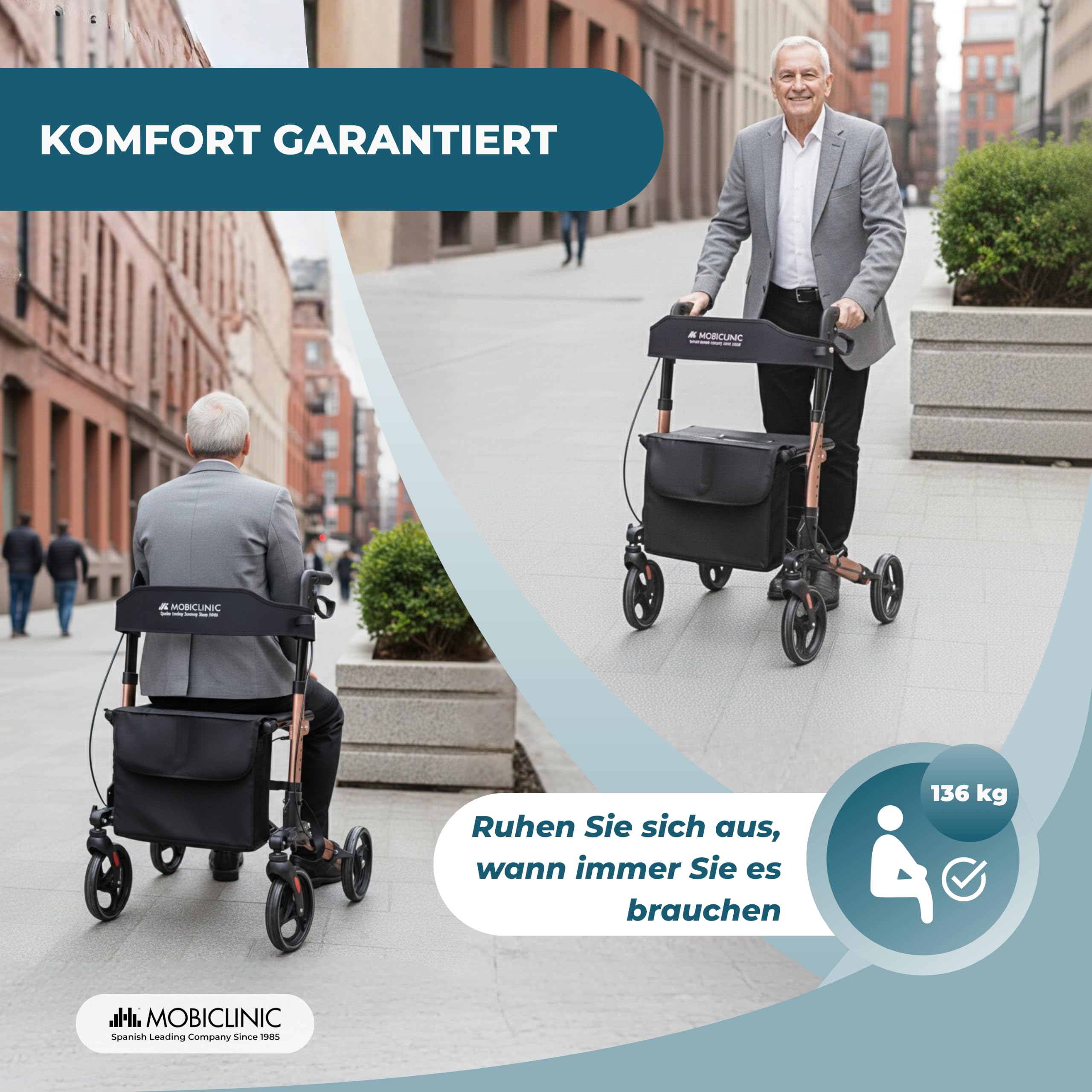 Mobiclinic®, Faltbarer Rollator, Sitz und Rückenlehne, bis 136 kg, Roségold, Höhenverstellbar, Aufbewahrungskorb, Stockhalterung, Bremsen und Sicherheitsverriegelung, Aluminium, Trajano