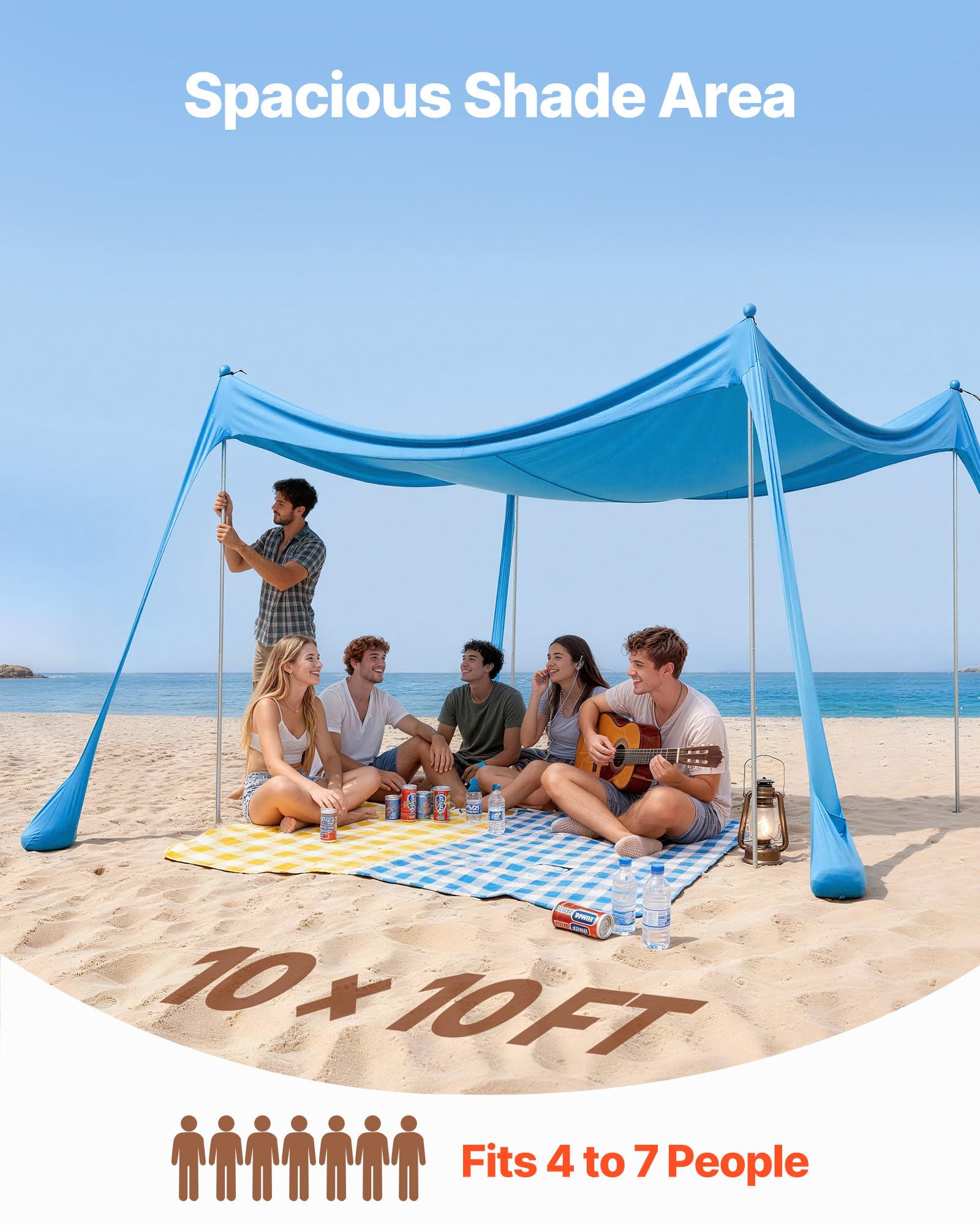 VEVOR Tenda Parasole Portatile da Spiaggia per Esterno Protezione Solare UPF 50+ 3 x 3 x 2 m, Parasole da Spiaggia con Pali di Supporto Ancoraggio Tenda Portatile per Campeggio Viaggio Pesca, Blu