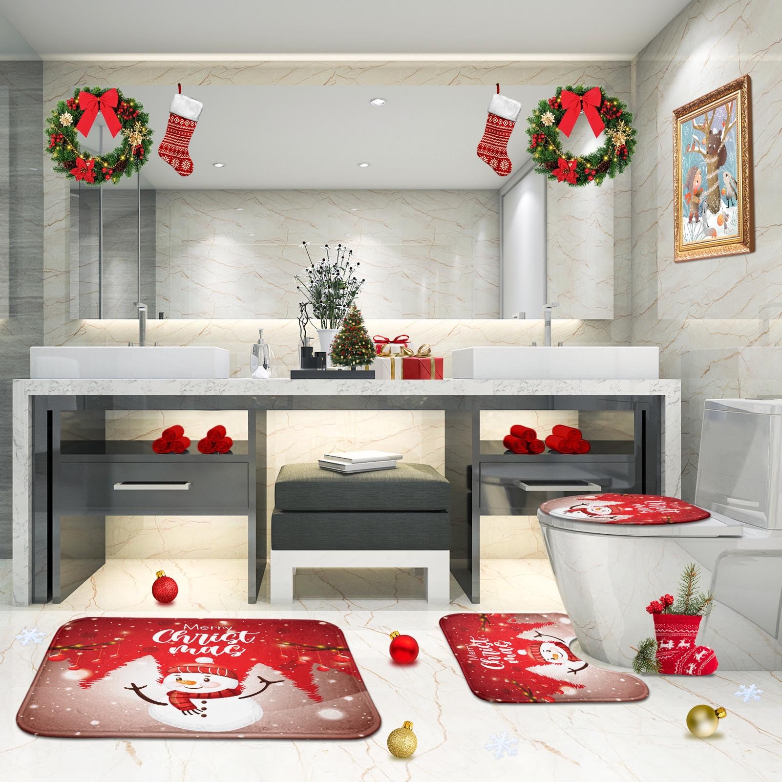 ArtSocket Lot de 3 tapis de salle de bain de Noël antidérapants en mousse à mémoire de forme, en microfibre absorbant - Motif bonhomme de neige - Lavable en machine