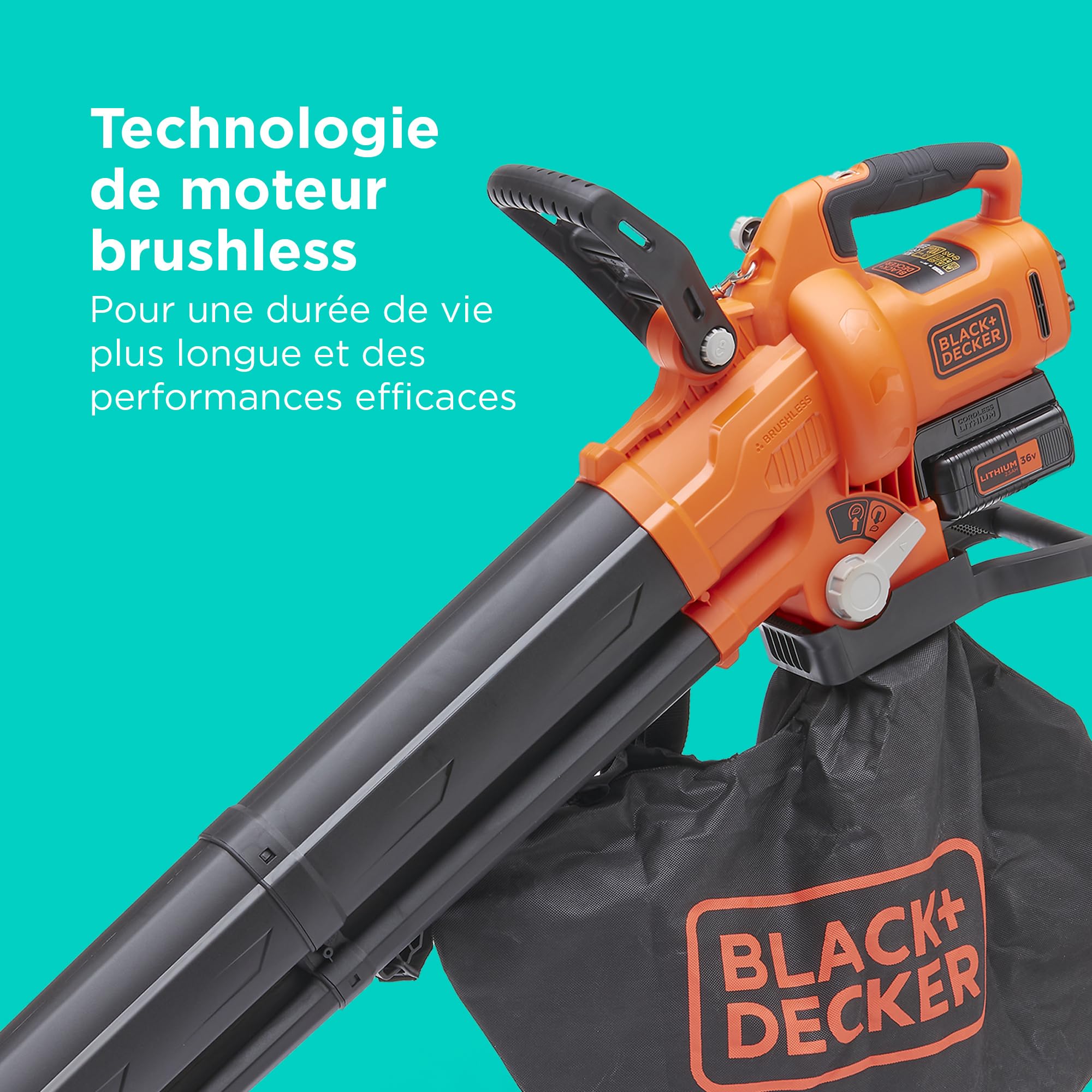 BLACK+DECKER - Souffleur, aspirateur et broyeur de feuilles sans fil 36V, sac de collecte 45L, batterie lithium 2,5Ah, BCBLV3625L1-QW