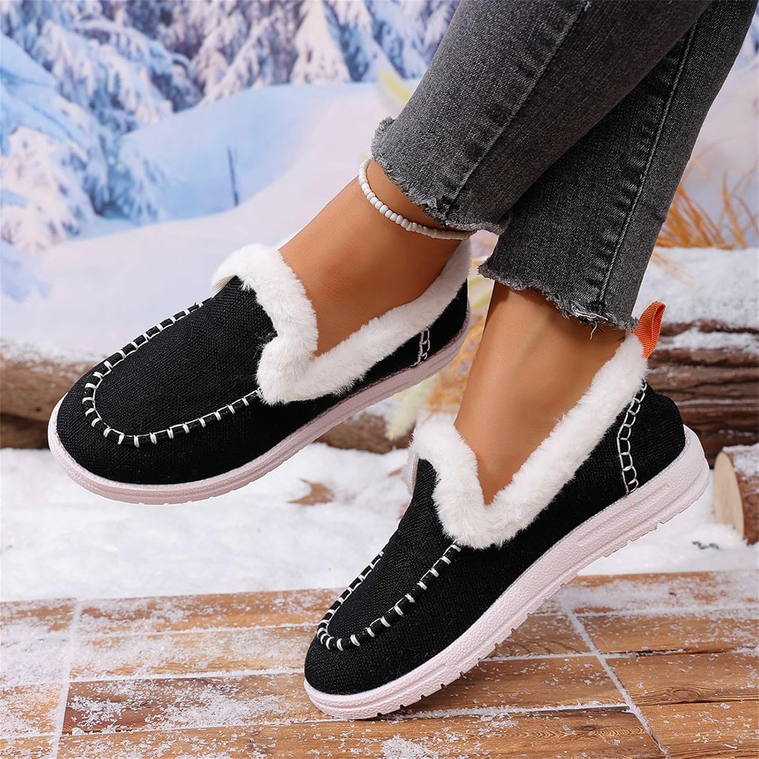 Womens Winter Flat Snow Boots Warm Plush-Lined Slip on Loafers Casual Outdoor Plush Short Booties Memory Foam Comfortable Walking Shoes Round Toe Non Slip Fleece Collar Ankle Boots