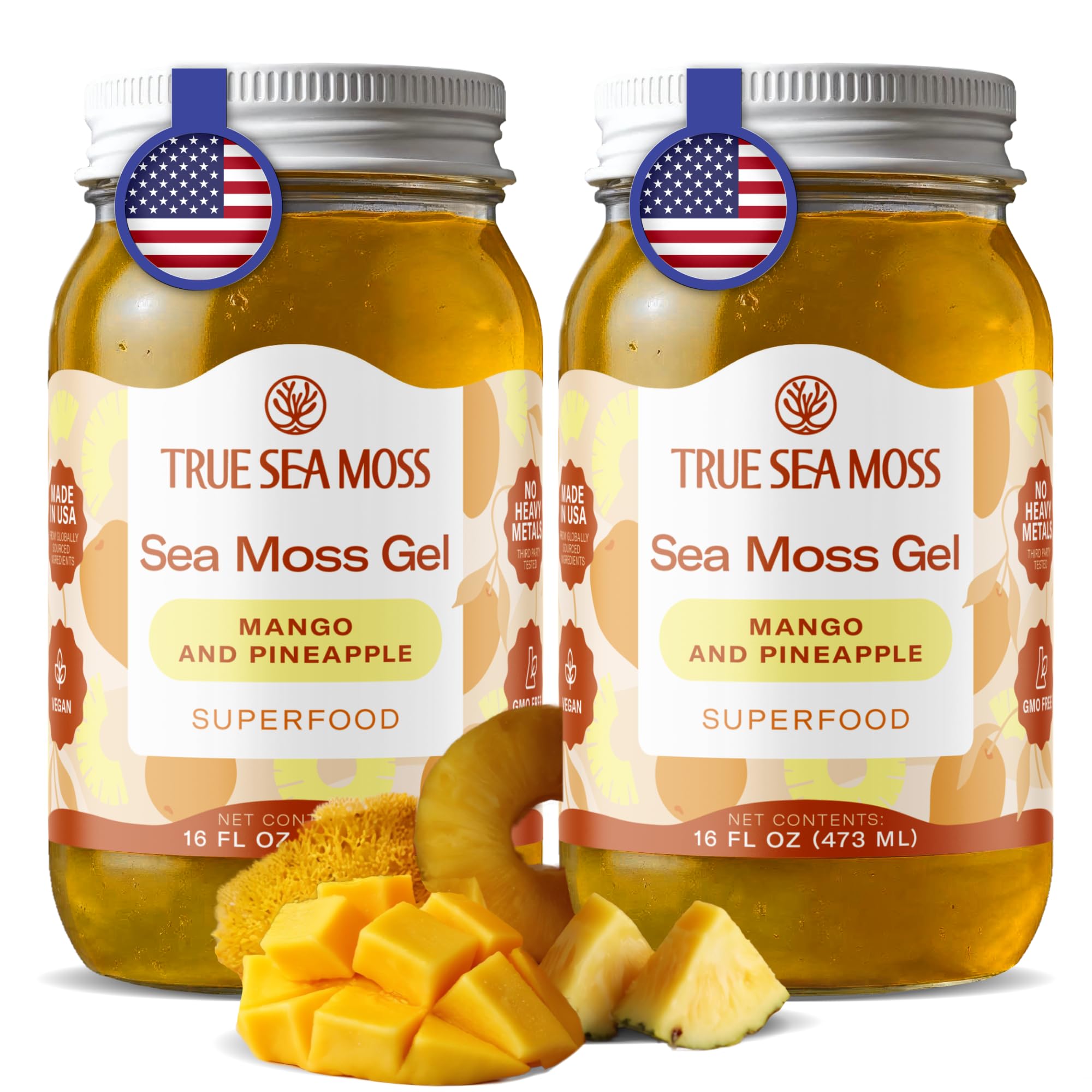 TrueSeaMoss Sea Moss Gel – Made in USA – Wildcrafted Seamoss, Fruits & Jarred Vegetables – Mango/Pineapple, Pack of 2 (Labels may Vary)