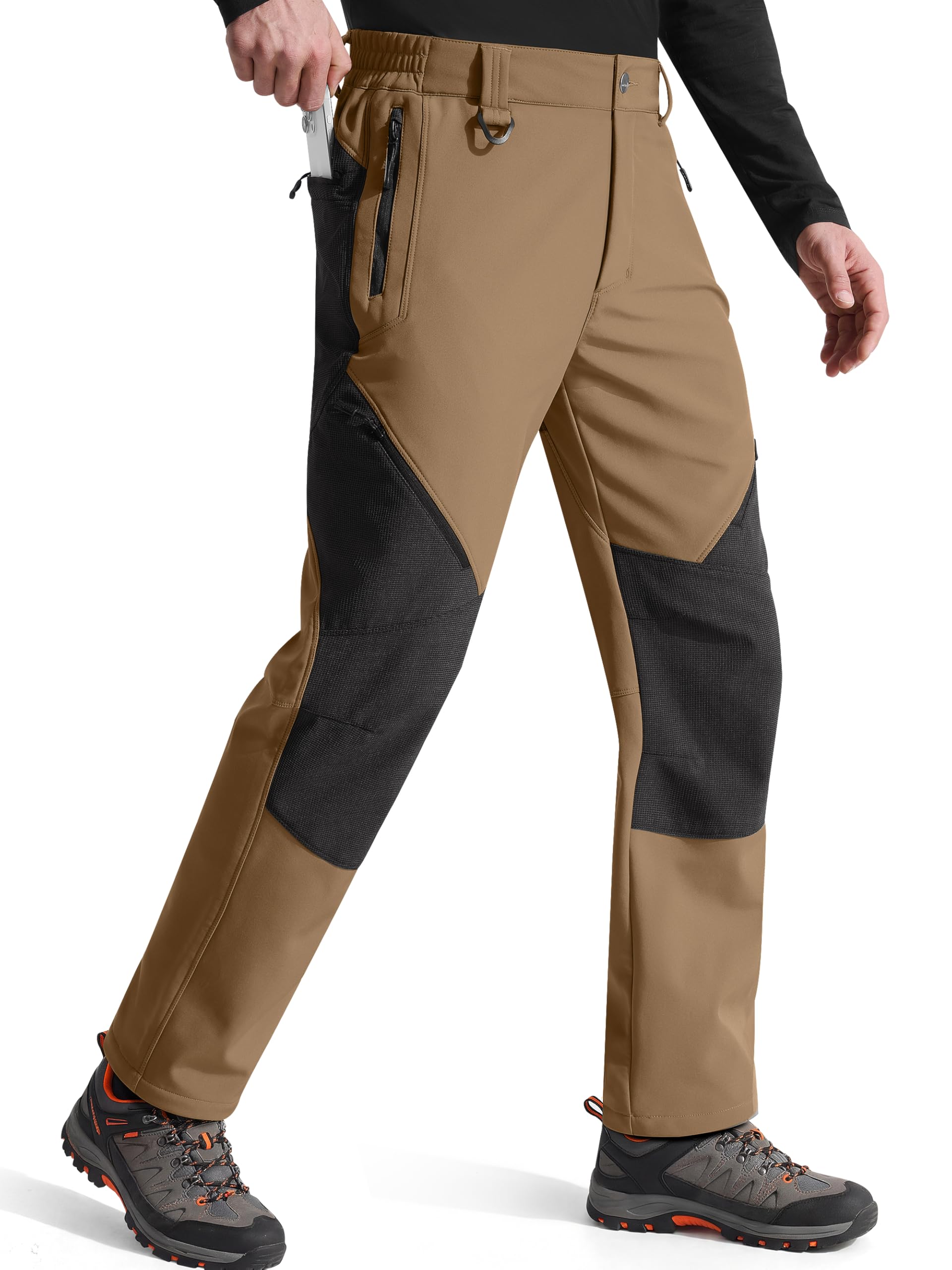 FREE SOLDIER Men's Fleece Lined Outdoor Cargo Hiking Pants Water Repellent Softshell Snow Ski Pants with Zipper Pockets — view 11