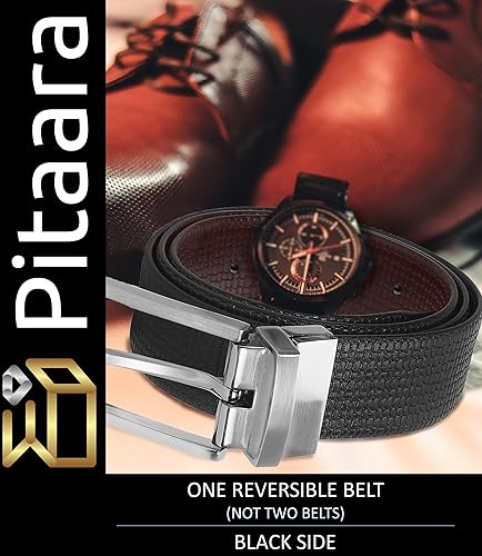 Miniatura 5 de Pitaara Cinturón reversible de cuero genuino para hombres, patrón de impresión de caja (negromarrón)