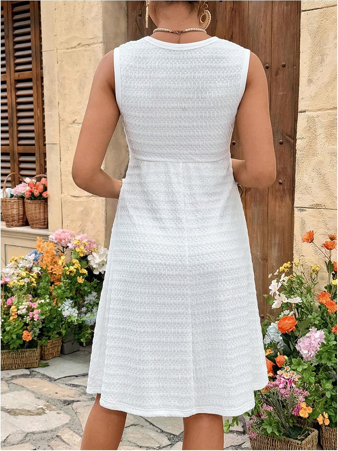 OYOANGLE Women's Maternity Nursing Dress Textured Twist Ruched Sleeveless A Line Knee Length Dress for Breastfeeding