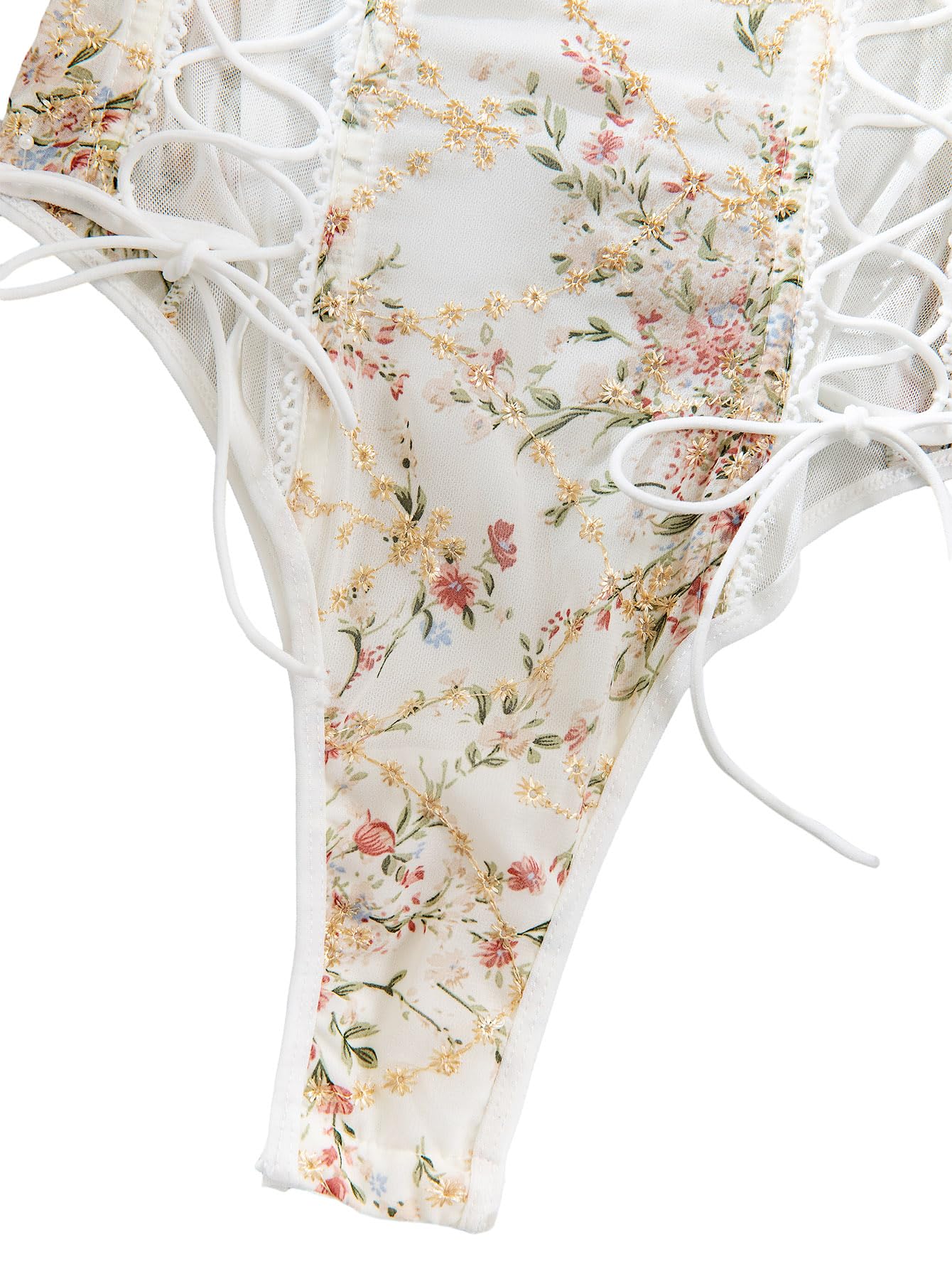 Lilosy Women Sexy Lace Up Floral Embroidered Teddy Lingerie Bodysuit Top Mesh Sheer One Piece: Small Underwire Flower White