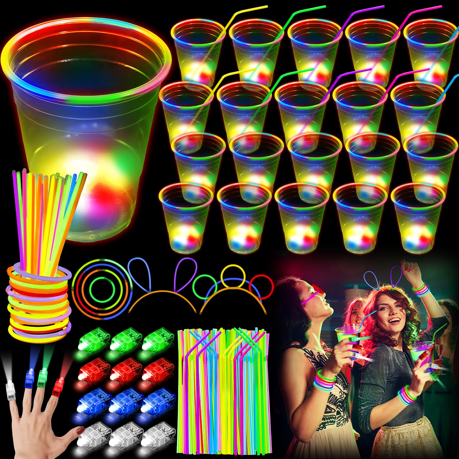146 Pcs Glow in the Dark Party Supplies 24 Glowing Party Cup with Straws for Indoor Outdoor Party Event Fun,50 Glow Stick,24 Finger Light,24 Button Light Neon for Glow Party Wedding Concert Birthday