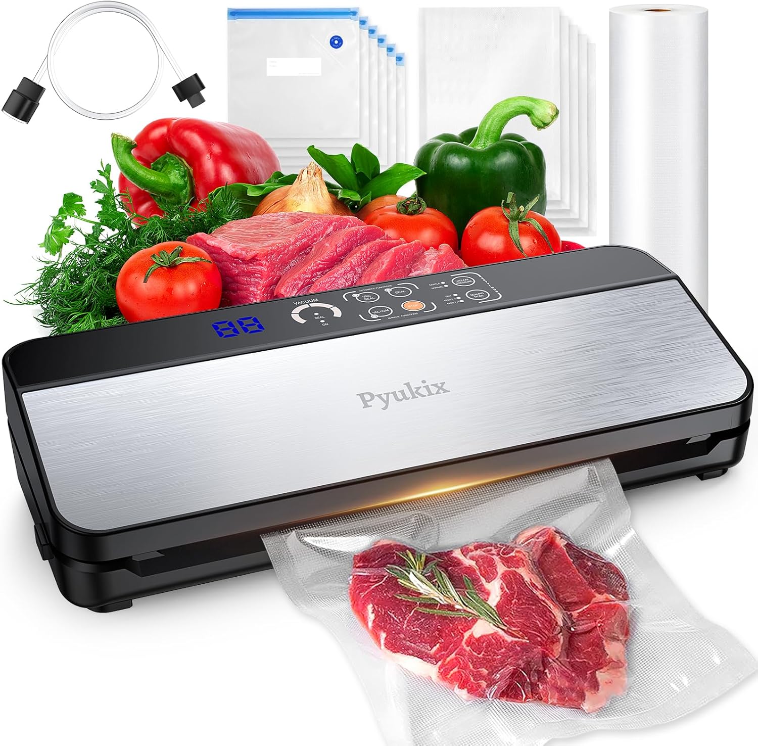 Vacuum Sealer Machine, Food Sealer Machine 80KPA Fully Automatic 8-IN-1 Food Saver for Dry/Moist Mode with Build-in Cutter&Storage, Air Suction Hose, Digital Countdown, Roll Bag, 11 Vacuum Bags Vacuum Sealer Machine, Food Sealer Machine 80KPA Fully Automatic 8-IN-1 Food Saver for Dry/Moist Mode with Build-in Cutter&Storage, Air Suction Hose, Digital Countdown, Roll Bag, 11 Vacuum Bags