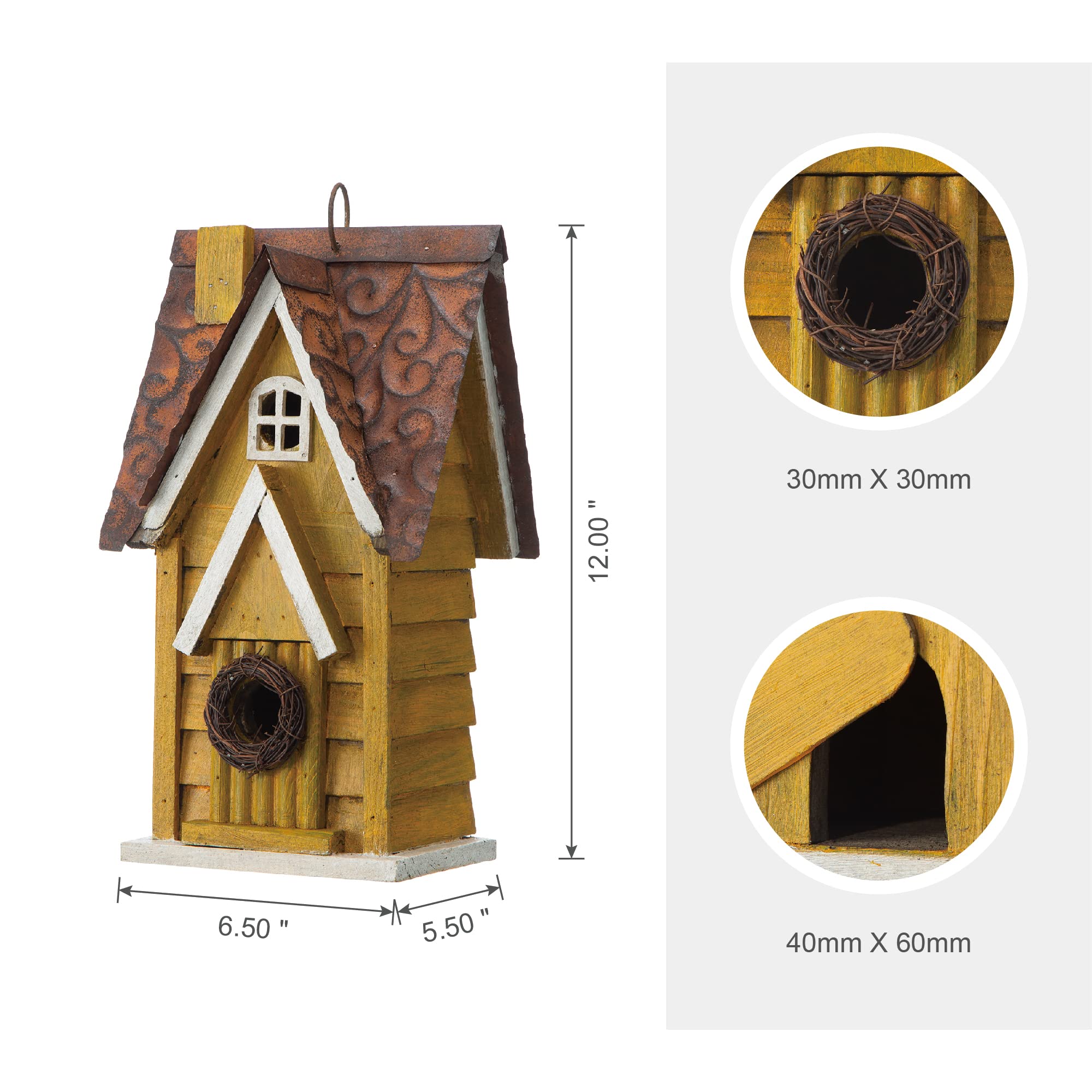 Glitzhome GH90085 - Casa de pájaros Colgante de Madera Envejecida para jardín, Color Amarillo