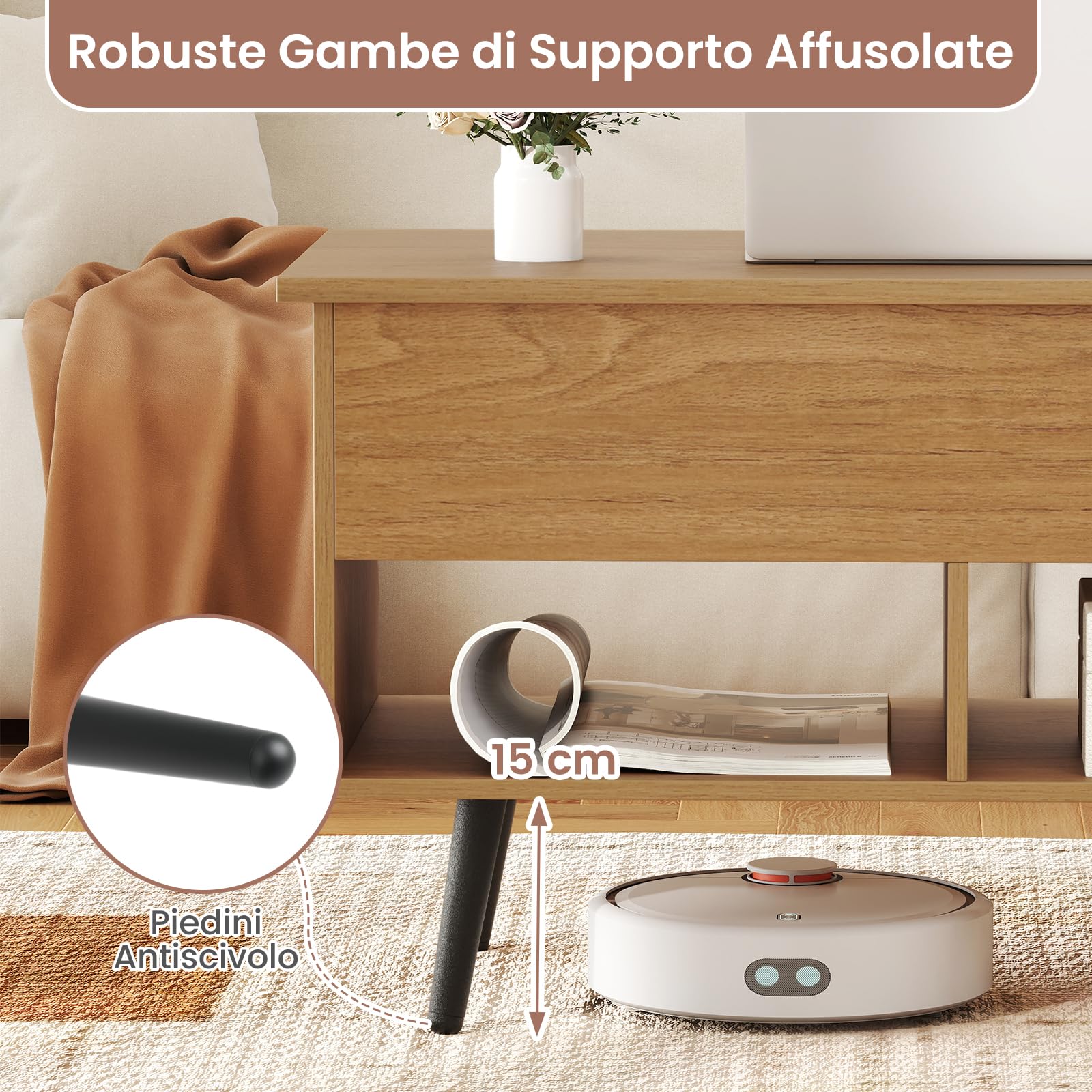 COSTWAY Tavolino da Salotto con Superficie Sollevabile, Tavolino da Caffè Moderno con Scompartimento Nascosto e 2 Ripiani, Ideale per Salone, Ufficio e Sala Riunioni (Naturale)