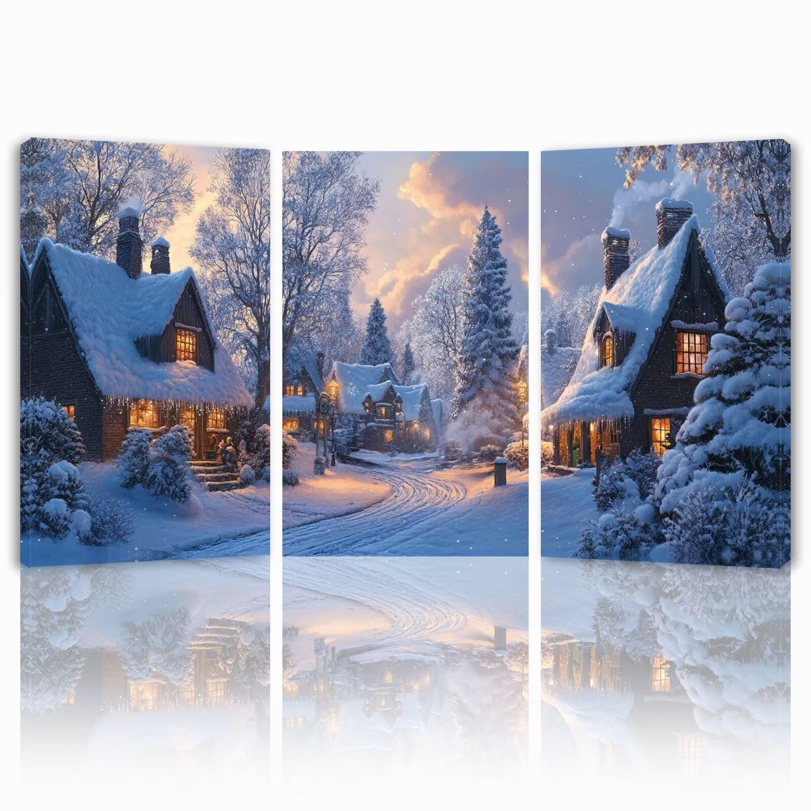 Tableau Decoration Murale Hiver Cadre en Bois Impression sur Toile, Peinture Poster Mural Tableau Paysage Triptyque pour Moderne Salon Chambre Restaurant Maison Bain Cuisine 25x35 cmx 3pcs 1f-400