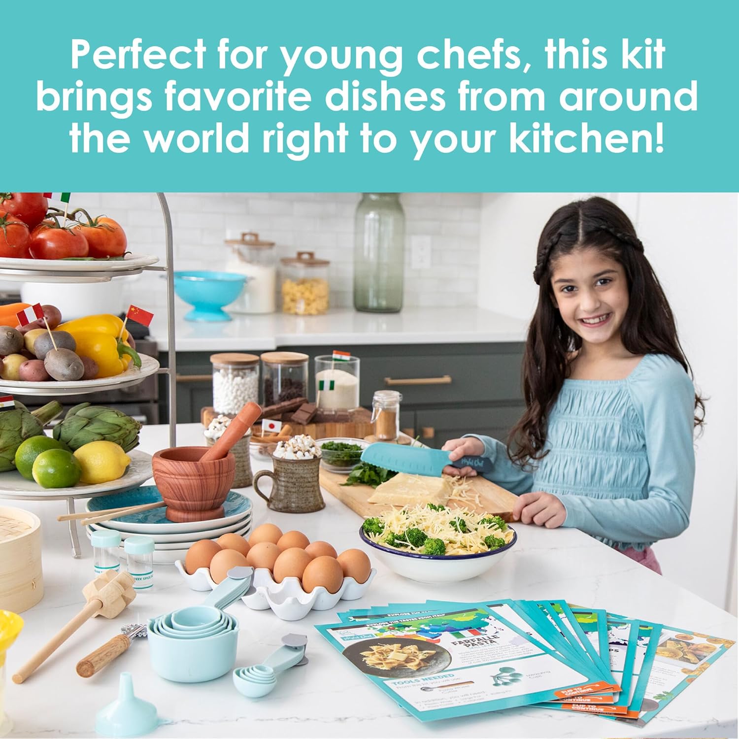 MindWare Playful Chef Foods of The World Cooking Kit for Kids, Global Cooking Set with Authentic Tools and 14 Recipes for Ages 8+