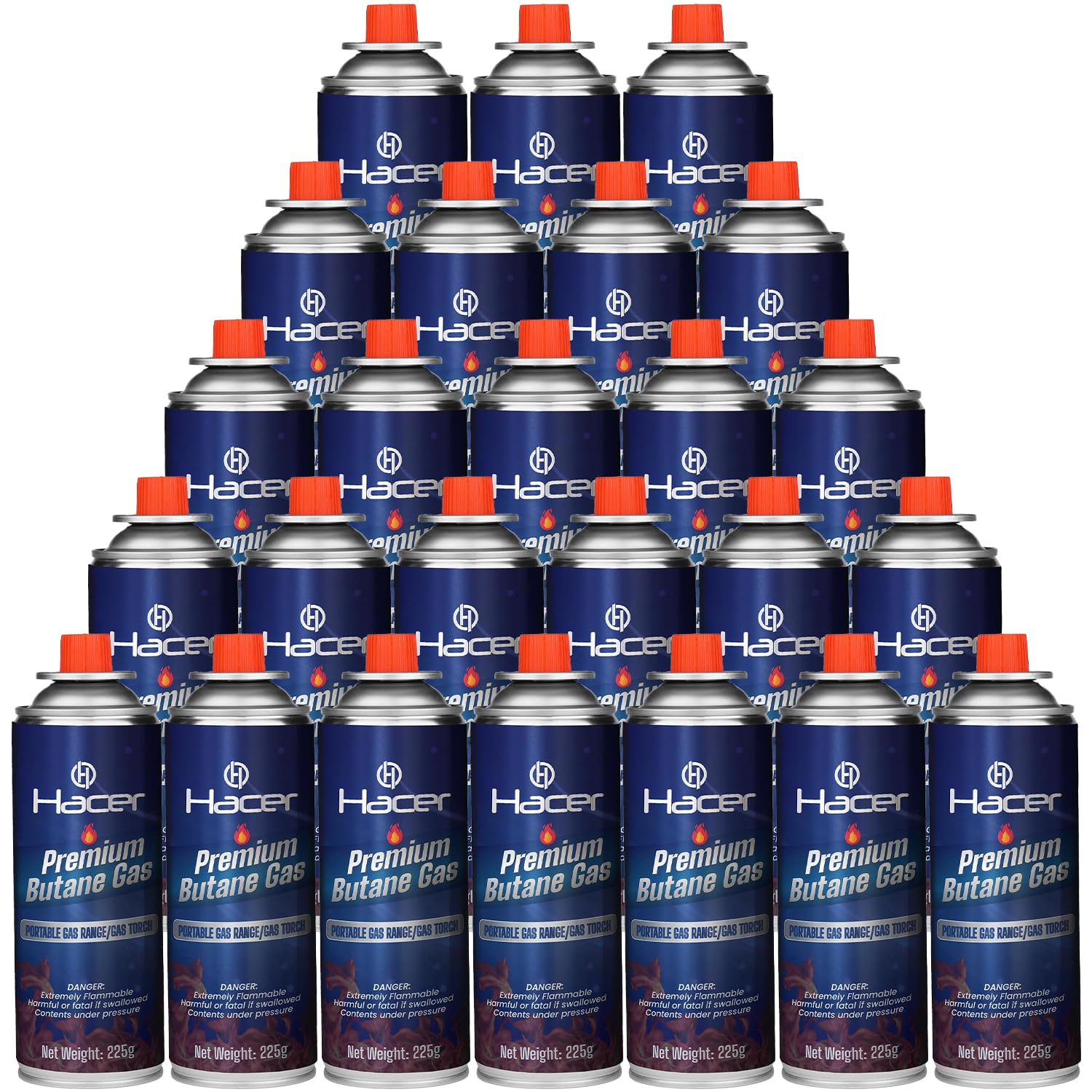 Hacer 25 x 225g Pure Butane Gas Cartridges for Camping Stove, Portable High Pressure Refill Fuel for Welding Torch, Fogging Machine & Lighters, Non-Freeze Canisters Pack of 25