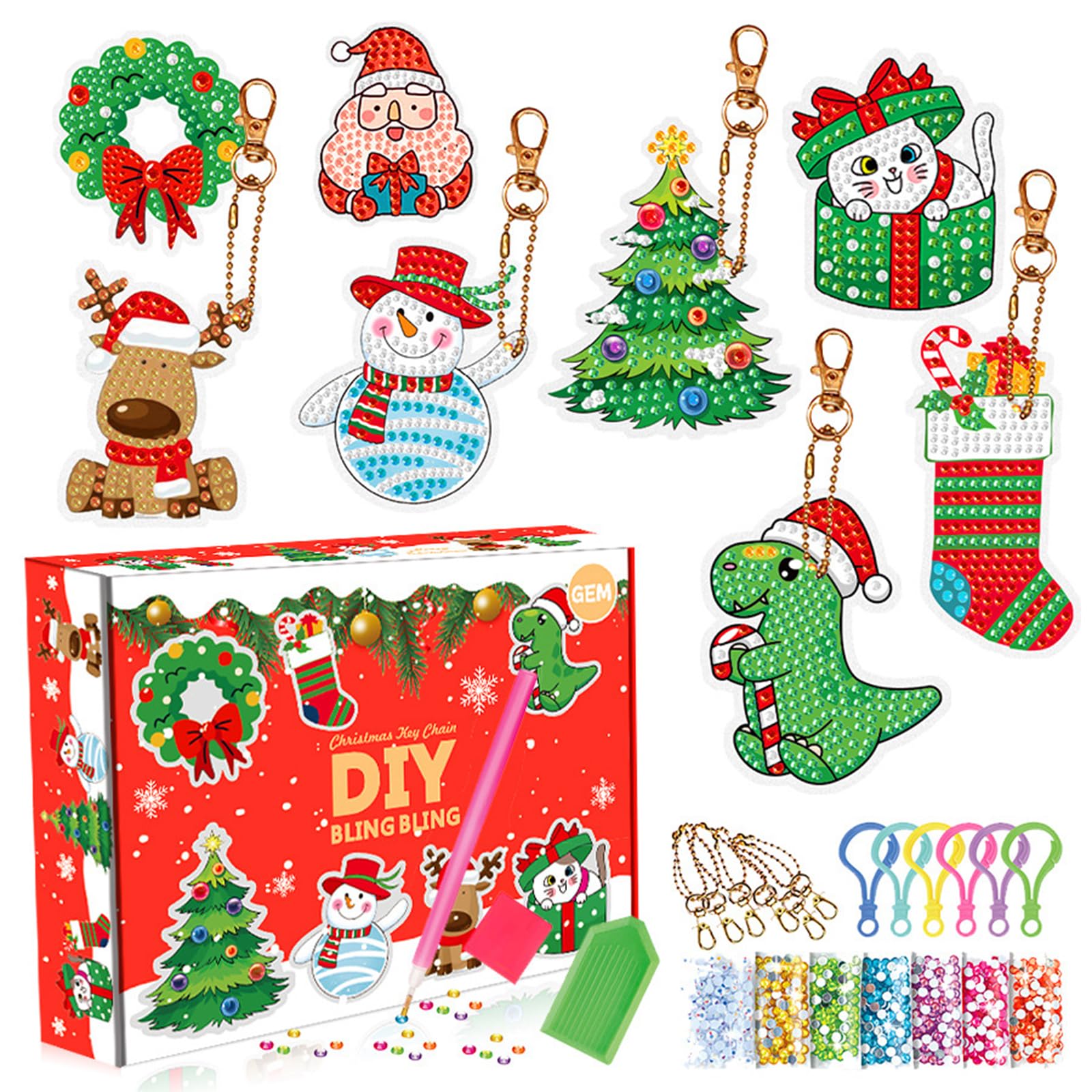 CAYUDEN Christmas Arts and Crafts Kits for Kids Age 6-12, 8pcs 5D Diamond Art Keyrings, DIY Gem Art Craft Set Christmas Decorations, Make Your Own Keychains for Girls and Boys Gifts Ages 6 7 8 9 10