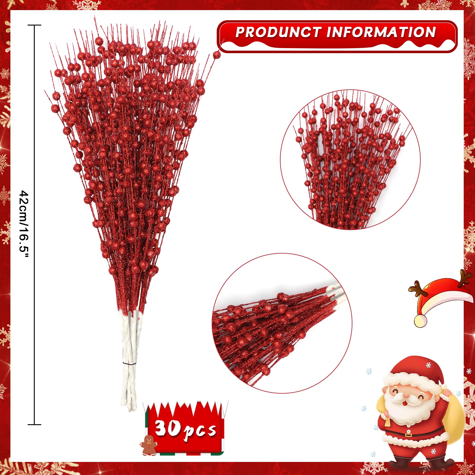30-Pack Christmas Picks and Sprays Red Artificial Glitter Berry Stems Branches Twigs Sticks Sprigs Christmas Tree Decorations, Ornaments for Garland, Wreath, Flowers and Tree Topper