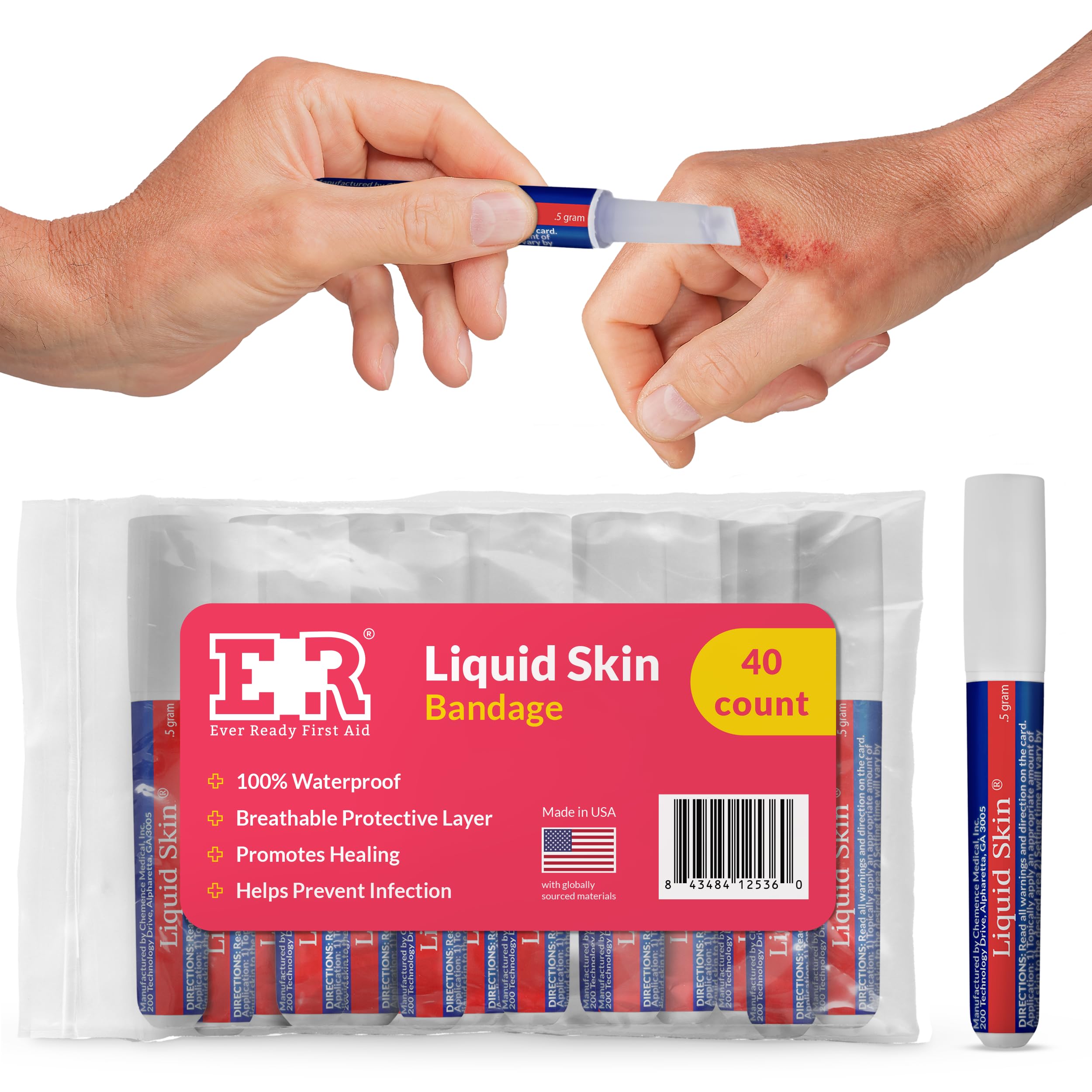 Liquid Bandage for Skin – Waterproof Skin Glue for Wound Closure, Flexible Liquid Barrier with Non-Sting Formula – Long-Lasting Liquid Bandage - 40 Count 40-Count