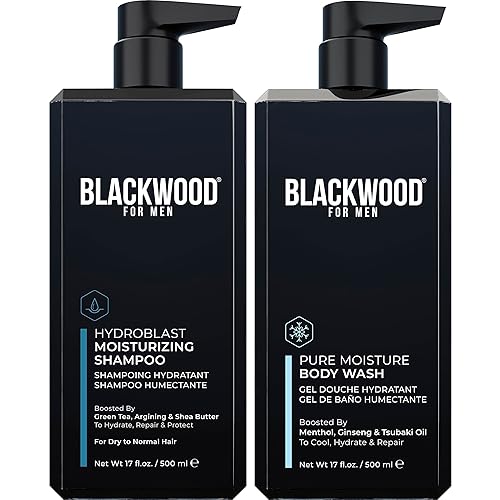 Blackwood For Men Hydroblast Champú hidratante y gel de baño Pure Moisture - Dúo nutritivo vegano para cabello y piel con ginseng, jengibre y