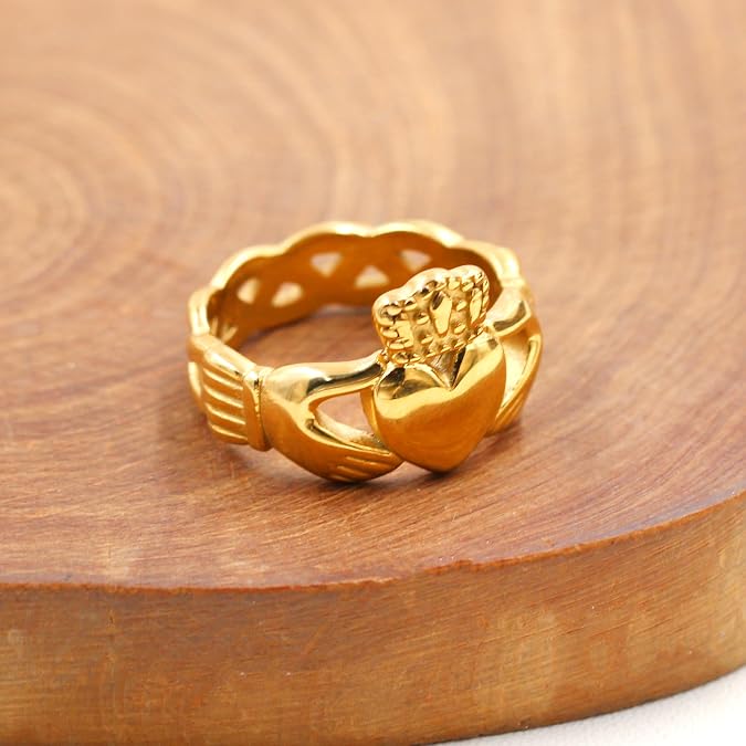 Uloveido Gold Plated Hand Heart Irish Claddagh Ring Love Loyalty Celtic Knot Rings Stainless Steel Wedding Bands