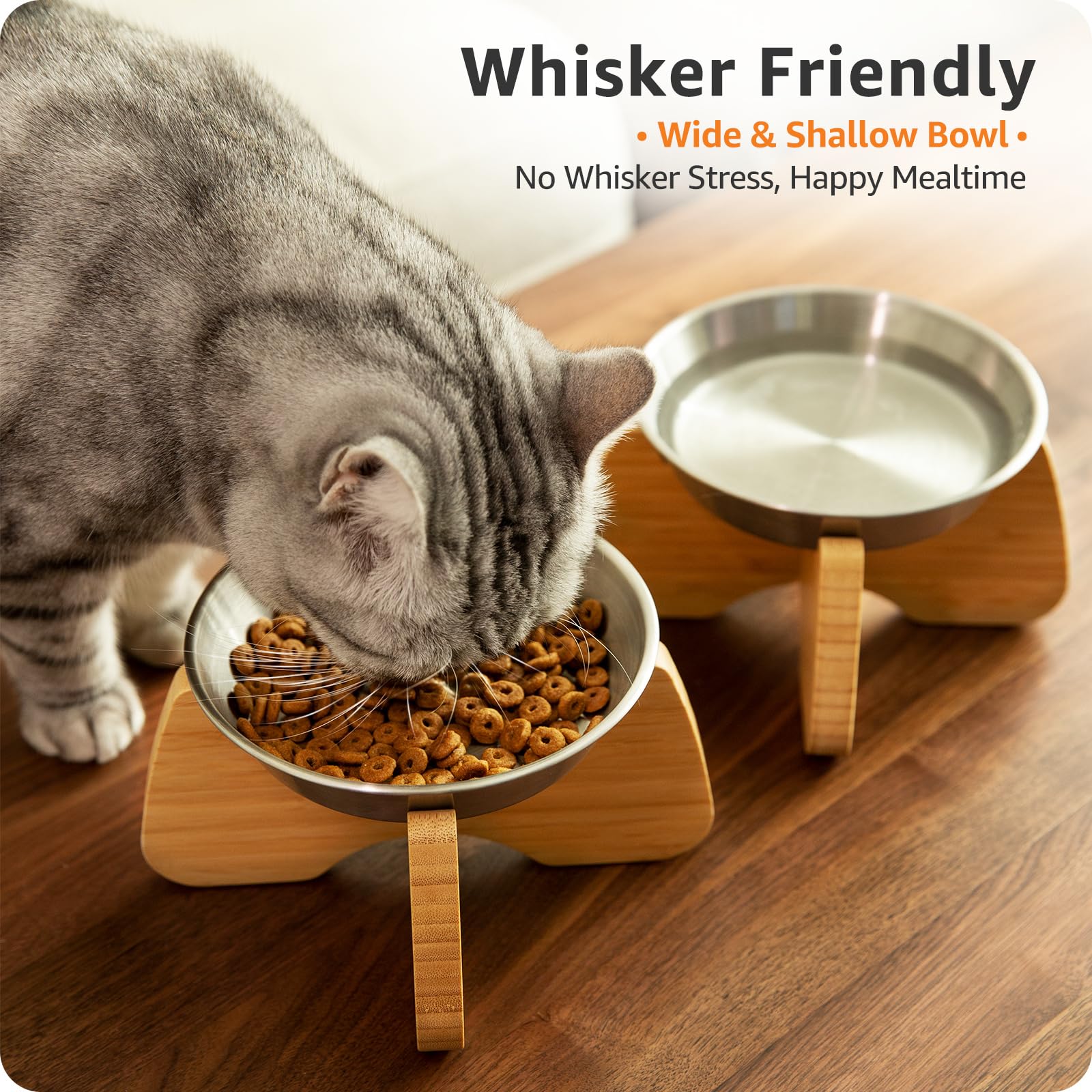 Lot de 2 gamelles surélevées en acier inoxydable pour chat, adaptées aux moustaches, larges, plates, peu profondes, mignonnes, avec support en bambou, assiettes surélevées pour chat, passent au