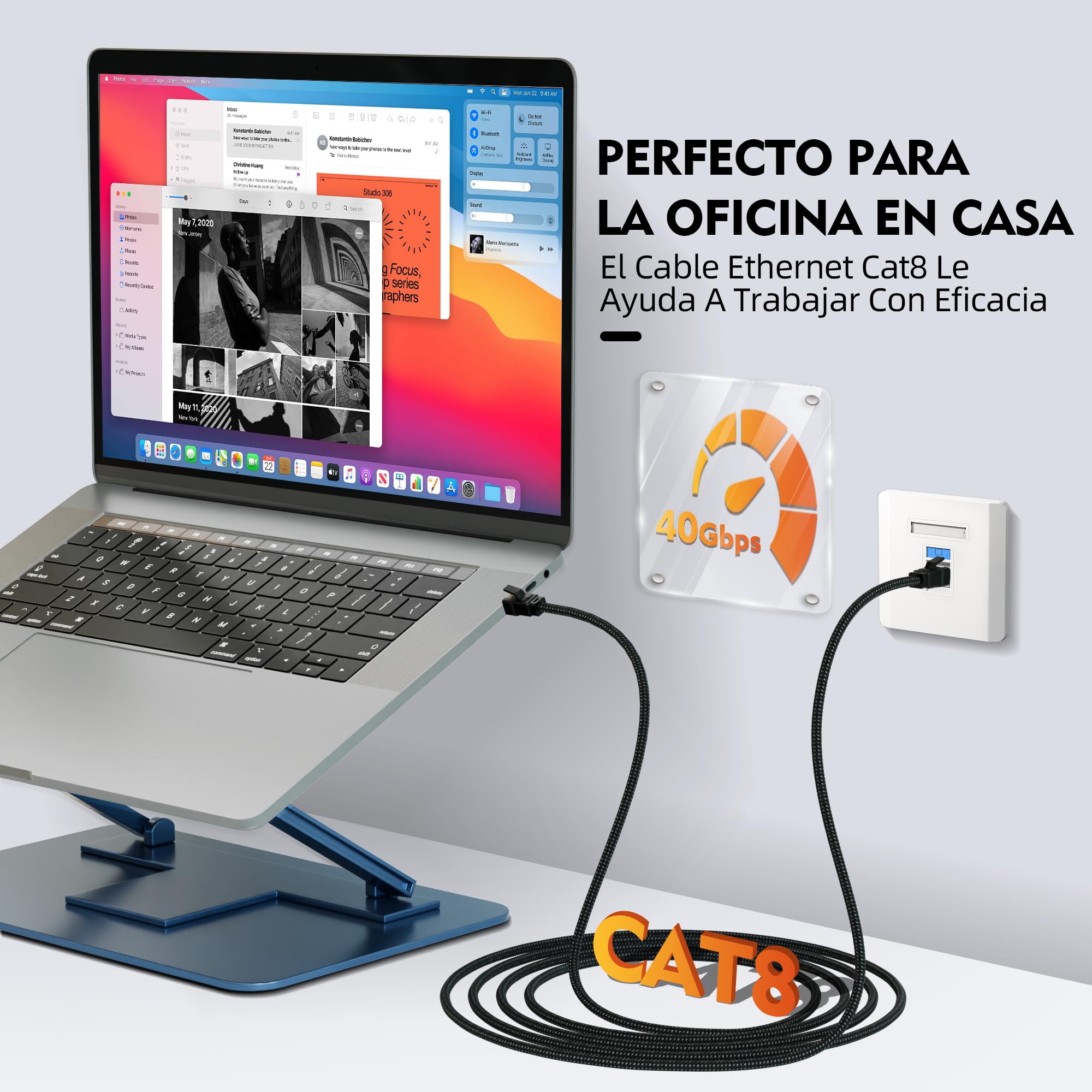 Cable Ethernet 10 Metro, Cat8 Cable de Red 40Gbps 2000Mhz Alta Velocidad, RJ45 Gigabit Cable Lan, Trenzado de Nylon Cable Internet para Router,Modenm,PC,PS4/5,Juegos, Más rápido que Cat 6, Cat 7