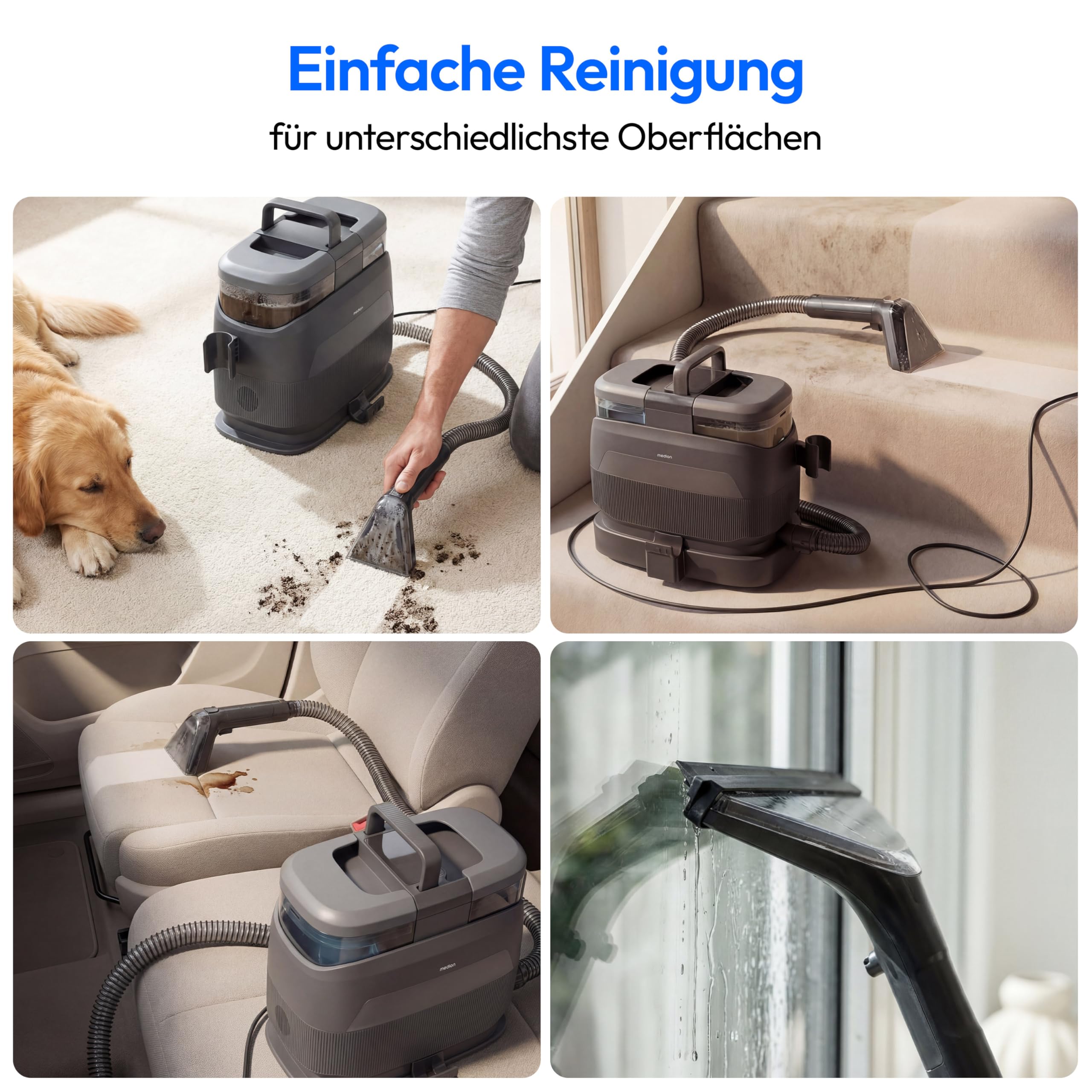 MEDION X10 UC Polsterreiniger Gerät Waschsauger (Nasssauger für Polster Teppiche Autositze, 1.650 Watt, Kaltwasser Heißwasser Dampf, Frisch und Schmutzwassertank, Fenster-Aufsatz, MD100123)