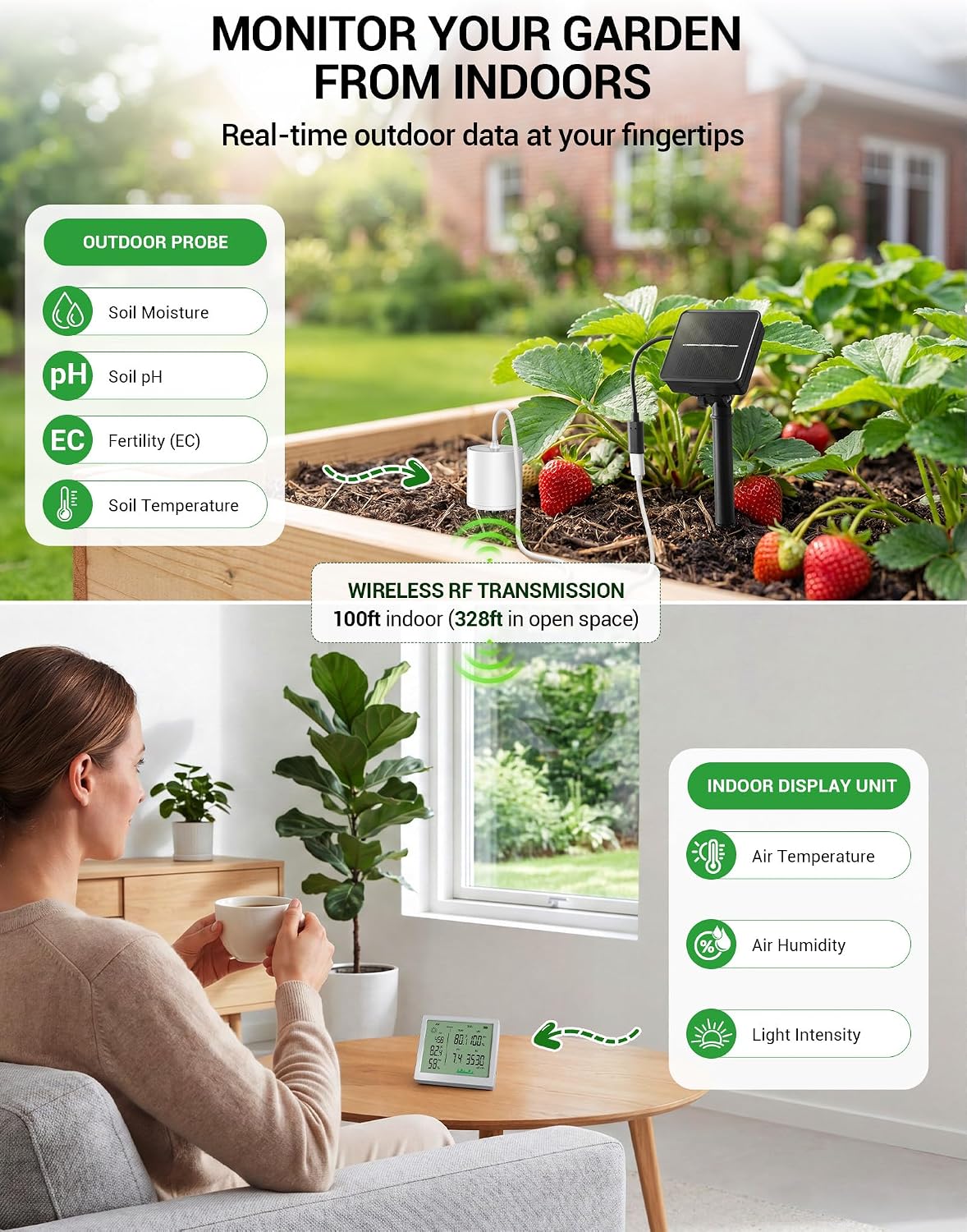 7-in-1 Soil Moisture Meter for Plants with Solar Wireless Probe Soil Tester
