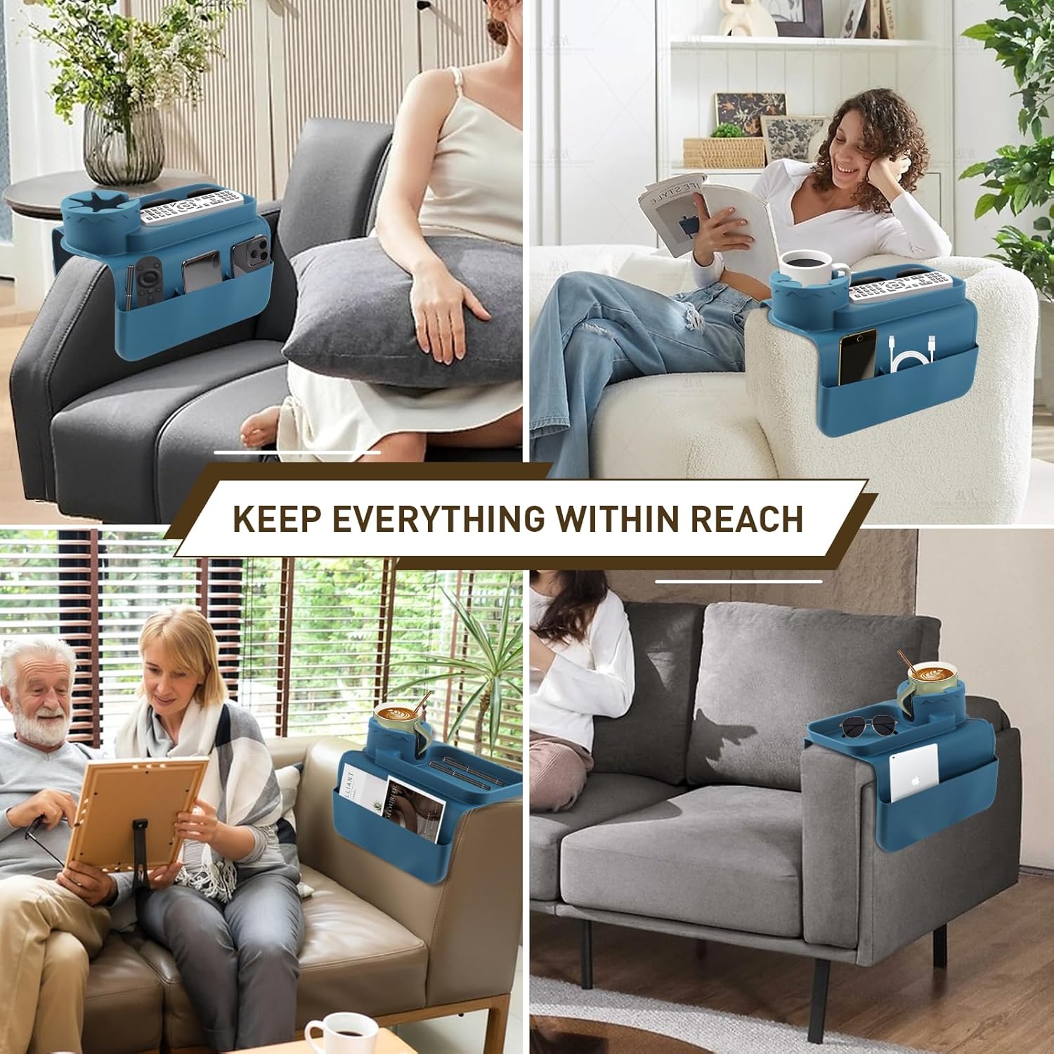 Silicone Couch Cup Holder - Anti-Slip Sofa Armrest Tray with Cup Holder & 4 Pockets, Large Size Foldable Couch Arm Tray for Cup, Snack, Phone, Tablet, Remote Control, Gifts for Mom Dad