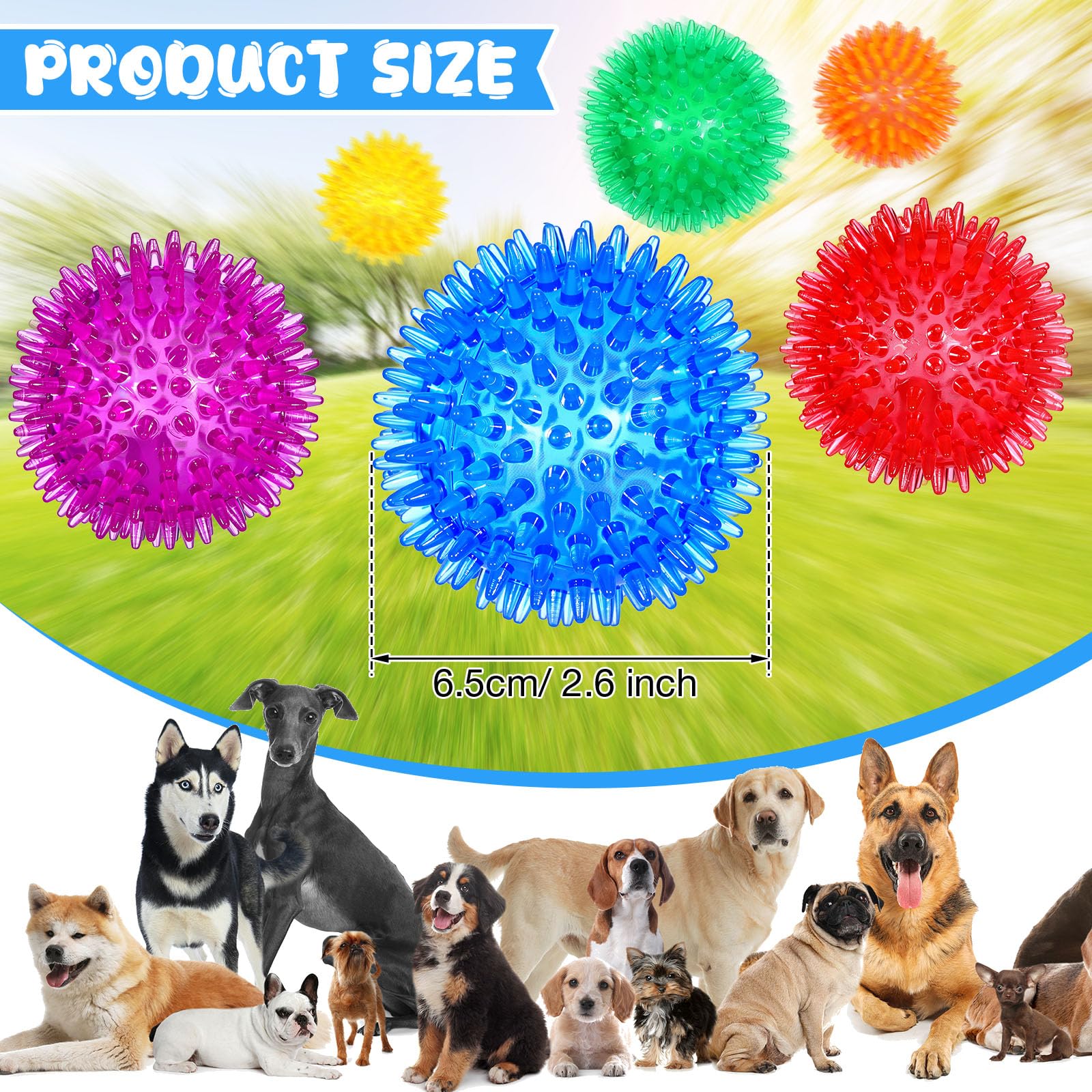 Yunsailing Lot de 24 jouets couineurs pour chien de 6,5 cm - Balles à picots à mâcher pour chiens de petite et moyenne taille - Pour nettoyer les dents et l'entraînement (bleu, vert, orange, violet