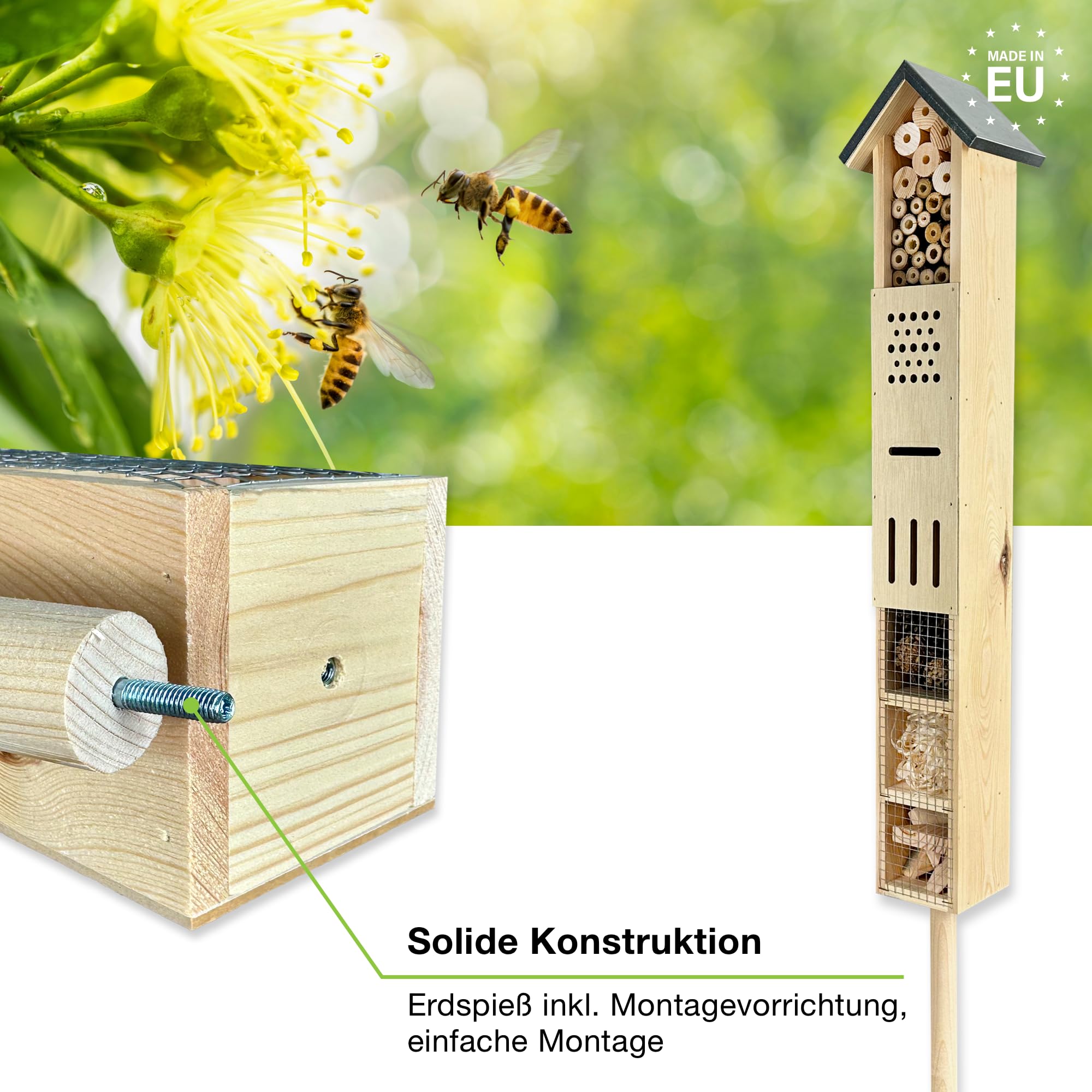 GARTENETAGE Freistehendes Insektenhotel aus Holz mit Erdspieß – Ideal für Wildbienen, Schmetterlinge & Co – Wetterfest mit Bambusrohren, Tannenzapfen & Holzwolle – Fördert Bestäubung & Artenvielfalt