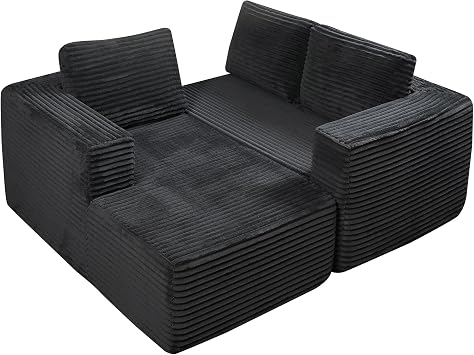 Panana L-Shape Right Corner Boneless Sofa,Modular Sectional Chaise Lounge, Boneless Couches,Corduroy Fabric Sofa Bed for Living Room – No Assembly Required (Black, Left Chaise)