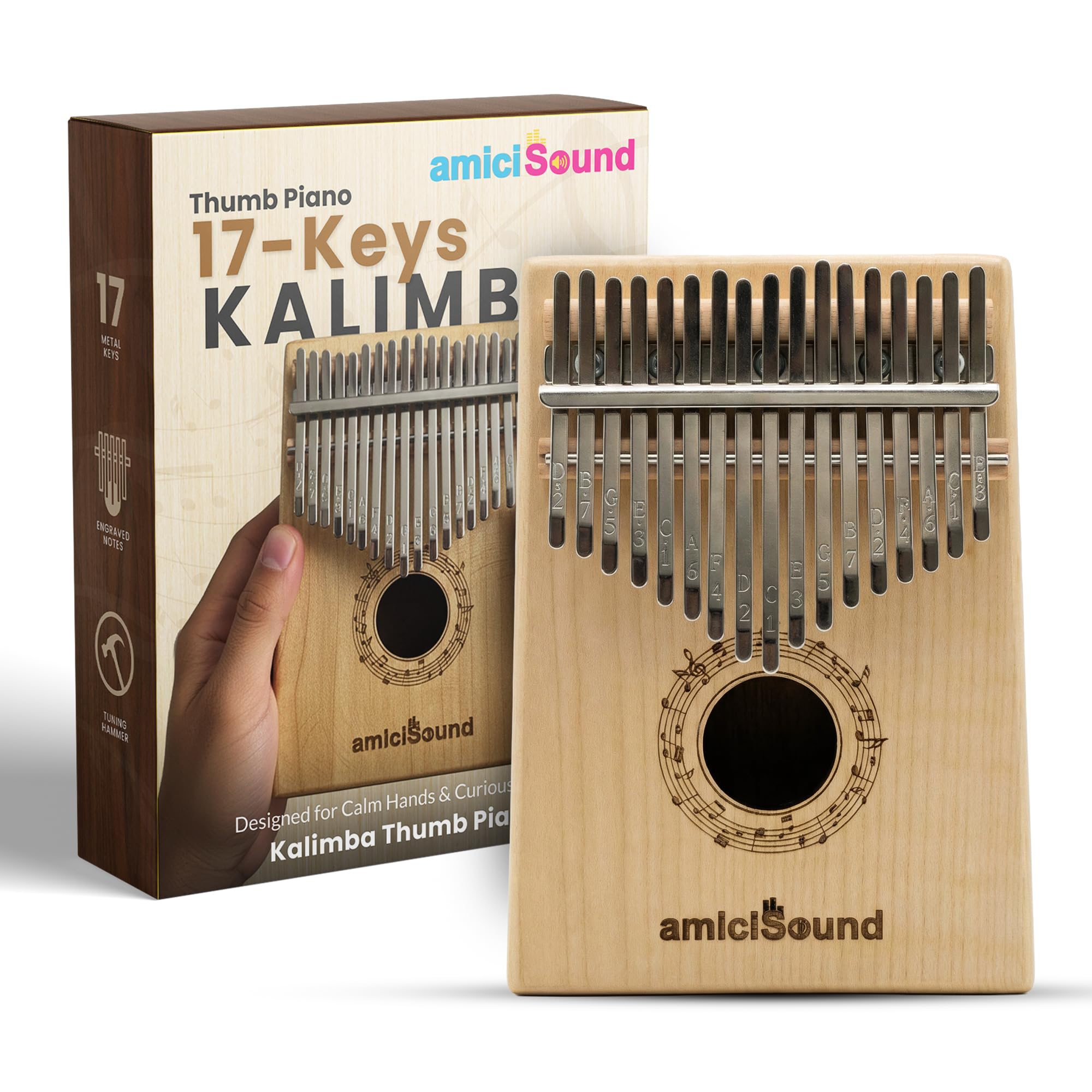 amiciSound Thumb Piano 17 Keys Musical Instrument Kalimba with Engraved Notes and Tuning Hammer-image-47