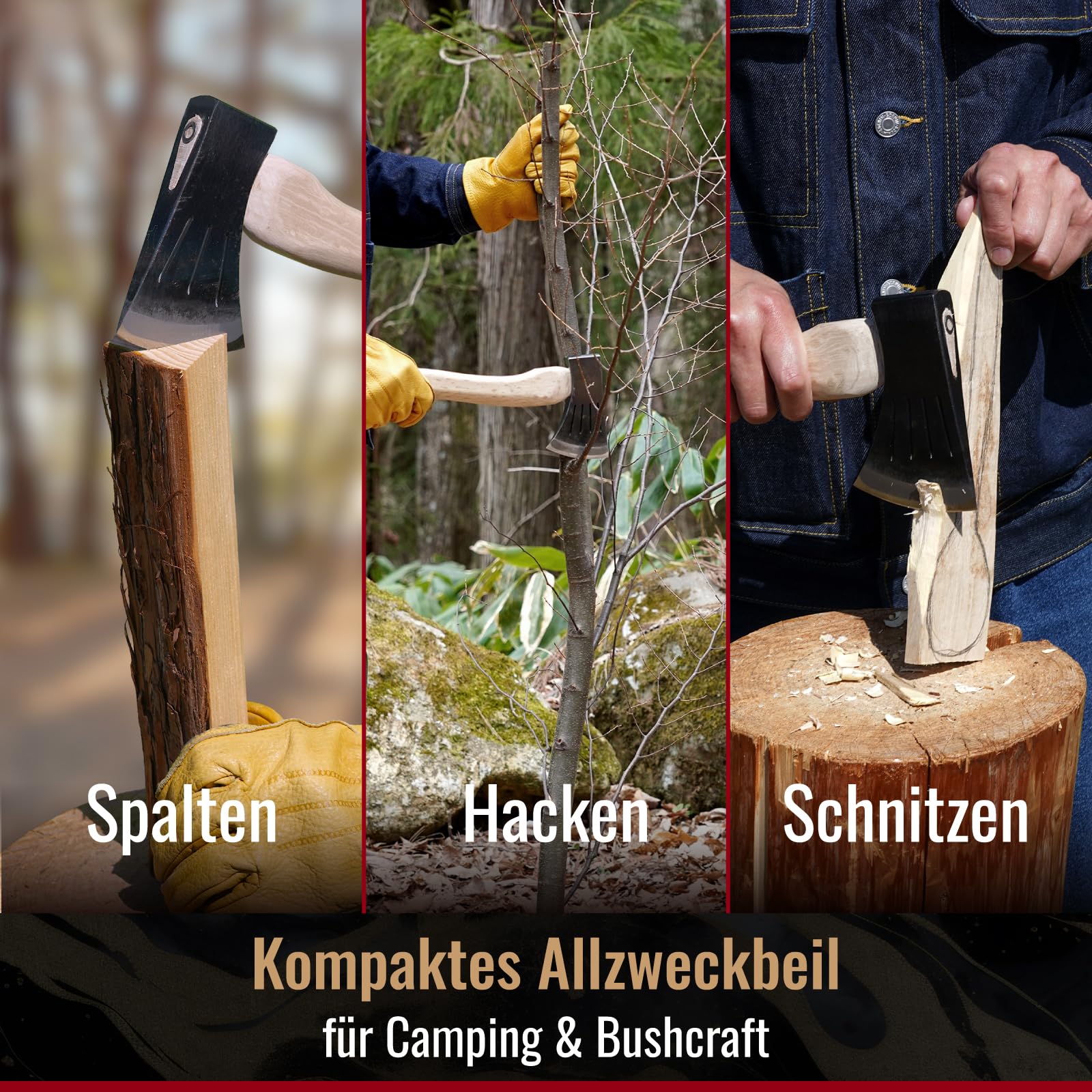 SUIZAN Japanisches Handbeil 360mm - Handaxt Camping Bushcraft Schnitzen | Professionelles Beil Axt Geschmiedet Kohlenstoffstahl Spalten Brennholz Outdoor Survival Geschenk Lederscheide Sanada-himo