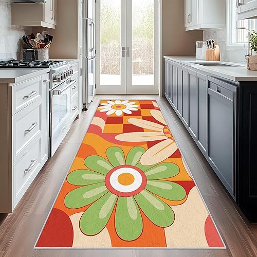 Miniatura 8 de Retro 70s Runner Rug 3x12, Checkered Daisy Floral Orange Yellow Runners for Hallways Non-Slip, Retro 70s Hallway Decor Rug for Bedroom Kitchen