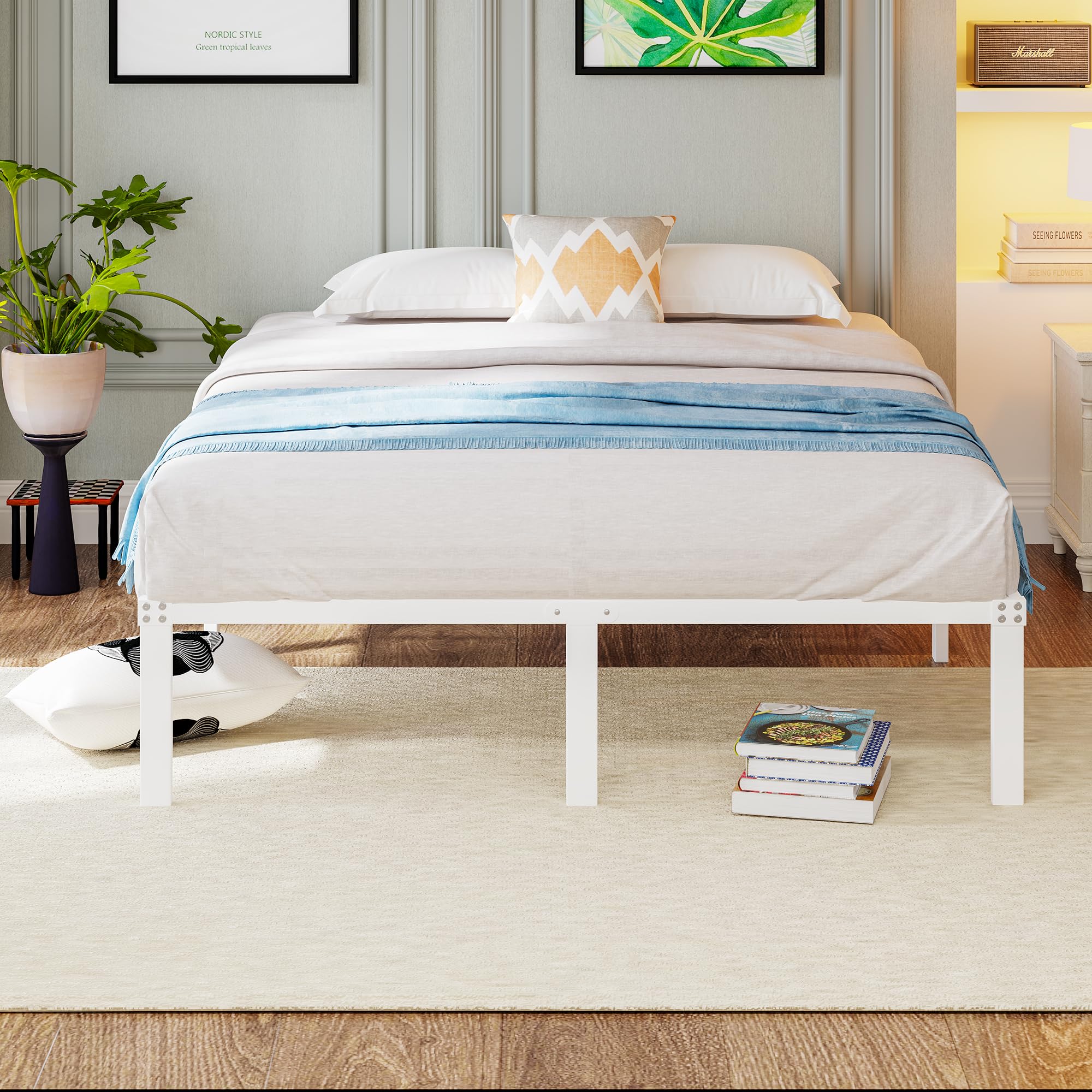 Cama con plataforma de metal, marco de cama de 140 x 200 cm, cama de metal con somier de láminas de metal, moderna cama de metal para adultos, niños, adolescentes, fácil montaje, cama doble