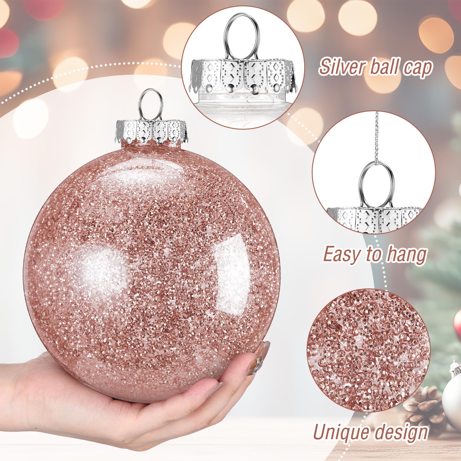 Shappy Lot de 4 grandes boules de Noël en plastique transparent de 15,2 cm avec rembourrage délicat pour décoration de sapin de Noël (or rose)