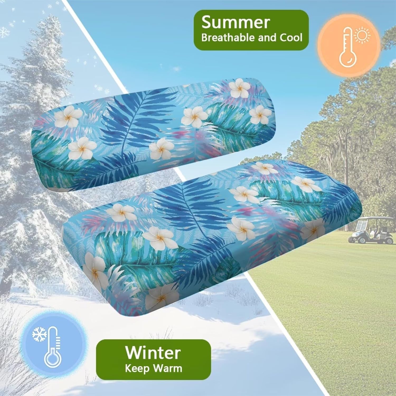 Palm Leaf Golf Seat Covers for Cart Lightweight Golf Blanket Floral Print Breathable Stretchable Protective Cushion Fits for EZGO Club Car and More 2 Person Seats Golf Carts